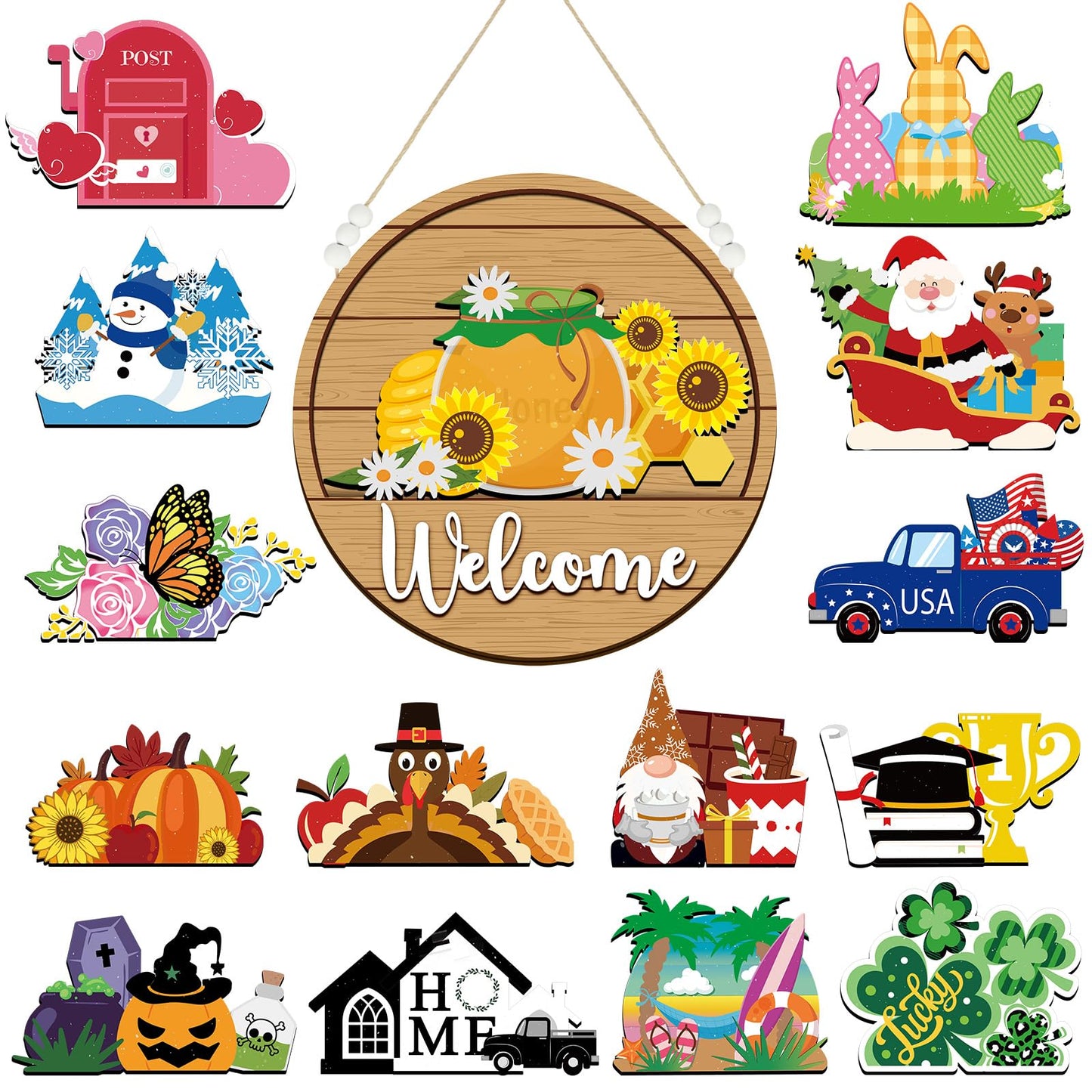 Sintuff 16 Pcs 12 Inch Interchangeable Welcome Sign for Front Door Wood Seasonal Magnetic Icon Holiday Wreath Decor Rustic Hanging Sign for Patriotic Summer Home Warming Gift(White Word, Wood Back)