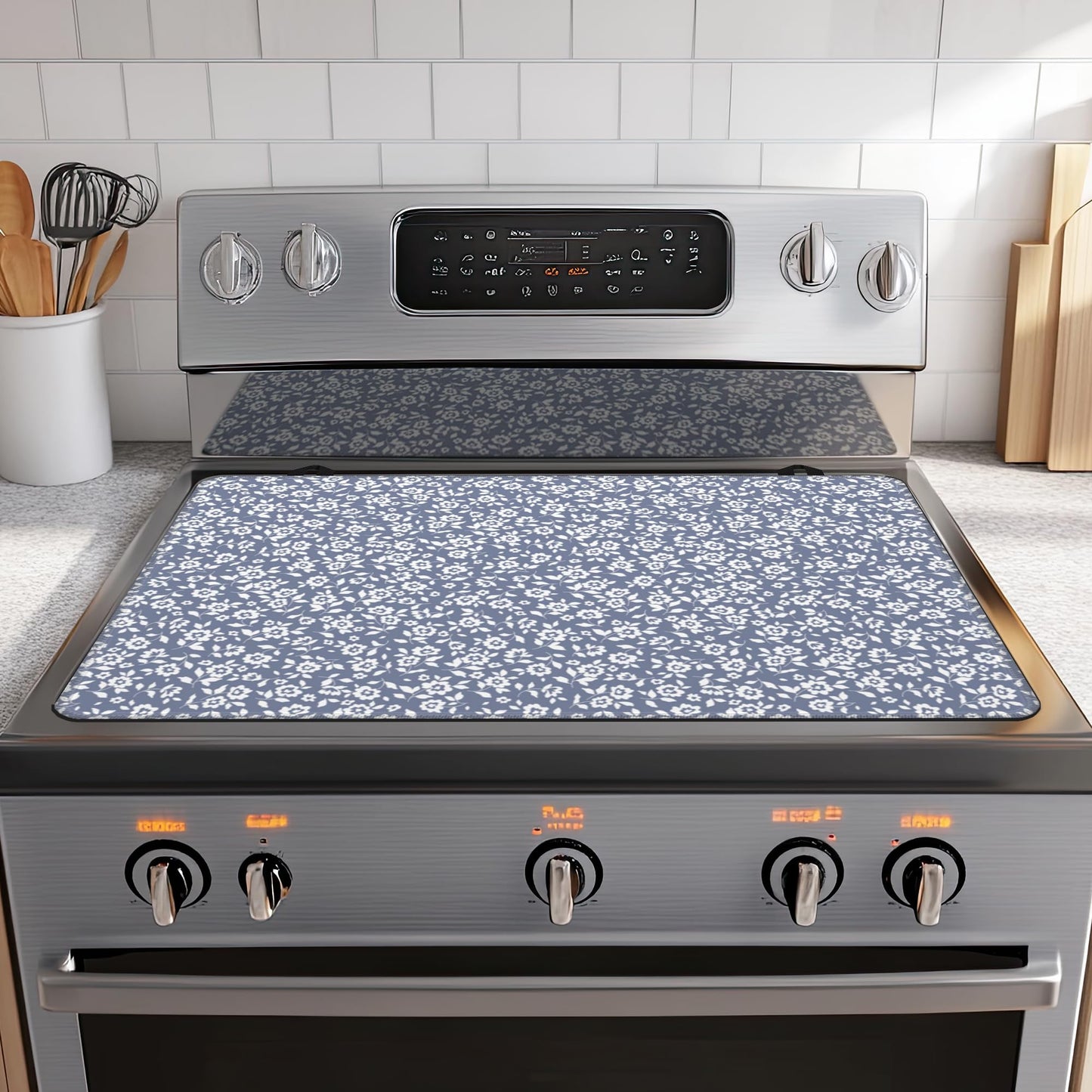 Stove Top Covers,Light Blue Flower Rubber Flat RV Range Stovetop Protector,Prevents Scratching, Expands Usable Space 28.5'' x 20.5''