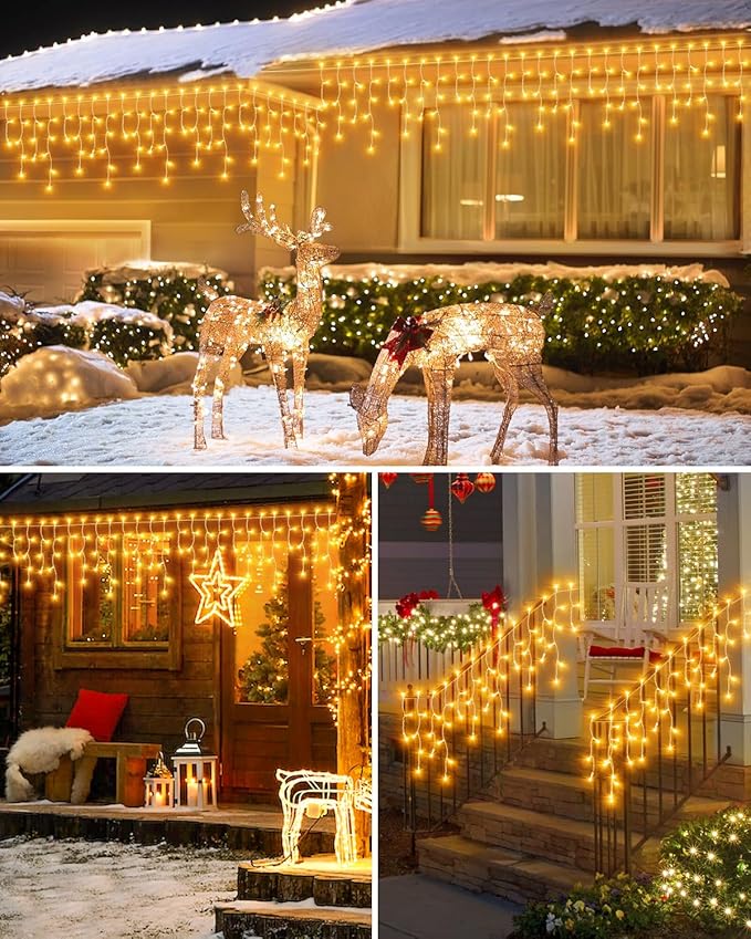 159 FT Christmas Lights Outdoor, 1458 LED Waterproof Outside Christmas Lights Plug in, Timer & Memory, 8 Modes Fairy Lights with 324 Drops for House Eaves Yard Patio Wedding Decorations, Warm White