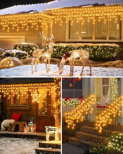 159 FT Christmas Lights Outdoor, 1458 LED Waterproof Outside Christmas Lights Plug in, Timer & Memory, 8 Modes Fairy Lights with 324 Drops for House Eaves Yard Patio Wedding Decorations, Warm White