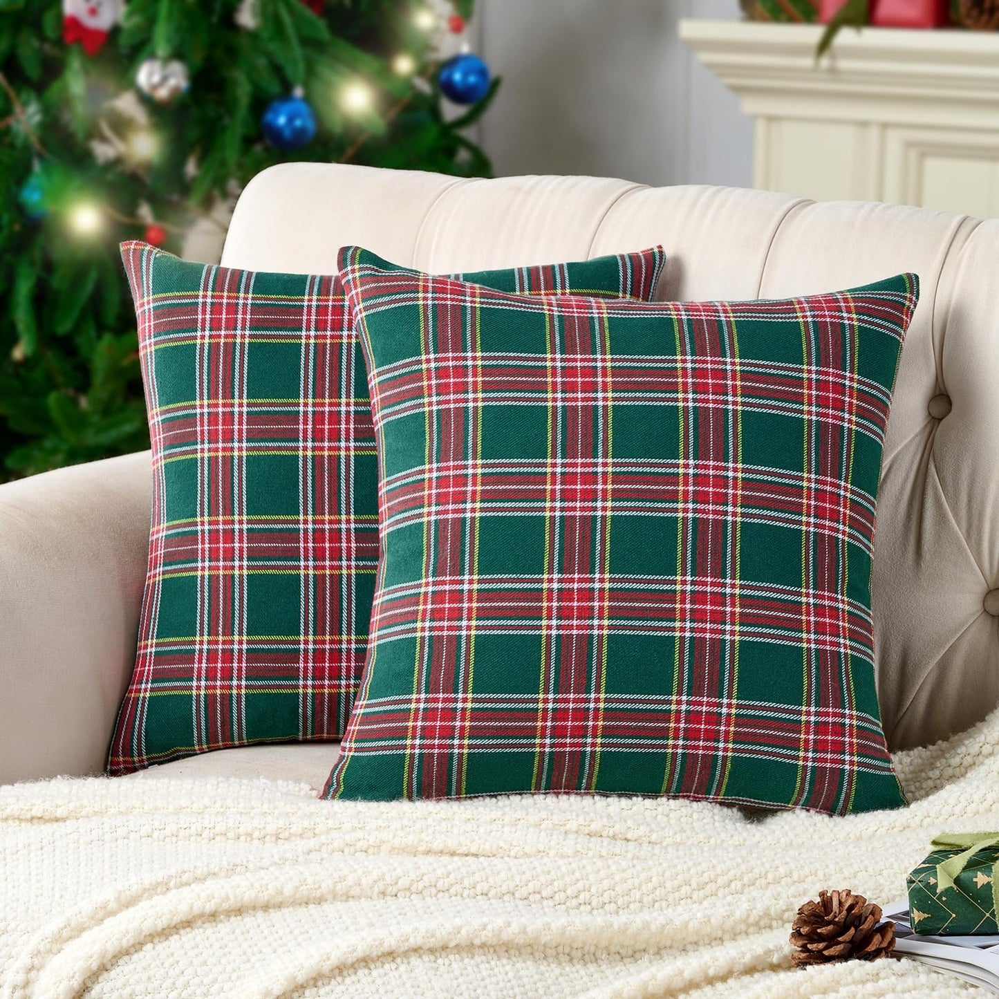 Green Tartan Plaid Christmas Decorative Throw Pillow Covers 18x18 Set of 2, Green Farmhouse Christmas Decor Buffalo Plaid Pillows for Couch & Living Room, Traditional Country Xmas Decorations