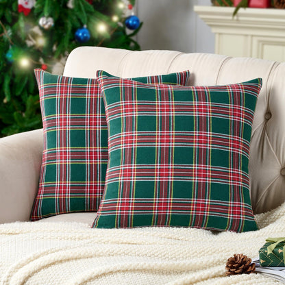 Green Tartan Plaid Christmas Decorative Throw Pillow Covers 18x18 Set of 2, Green Farmhouse Christmas Decor Buffalo Plaid Pillows for Couch & Living Room, Traditional Country Xmas Decorations