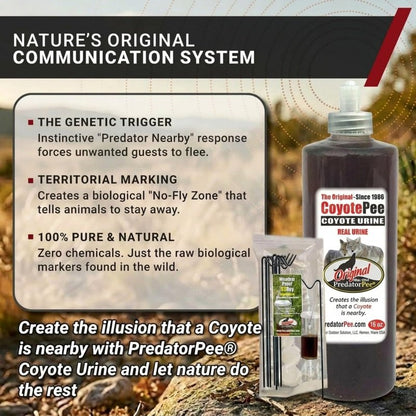 PredatorPee 100% Coyote Urine EZ Fill Squeeze Cap Bottle with 33 Day Dispensers, Territorial Marking Scent for Outdoor Use, Creates Predator Presence Illusion for Deer Raccoons Groundhogs Rats, 16 Oz