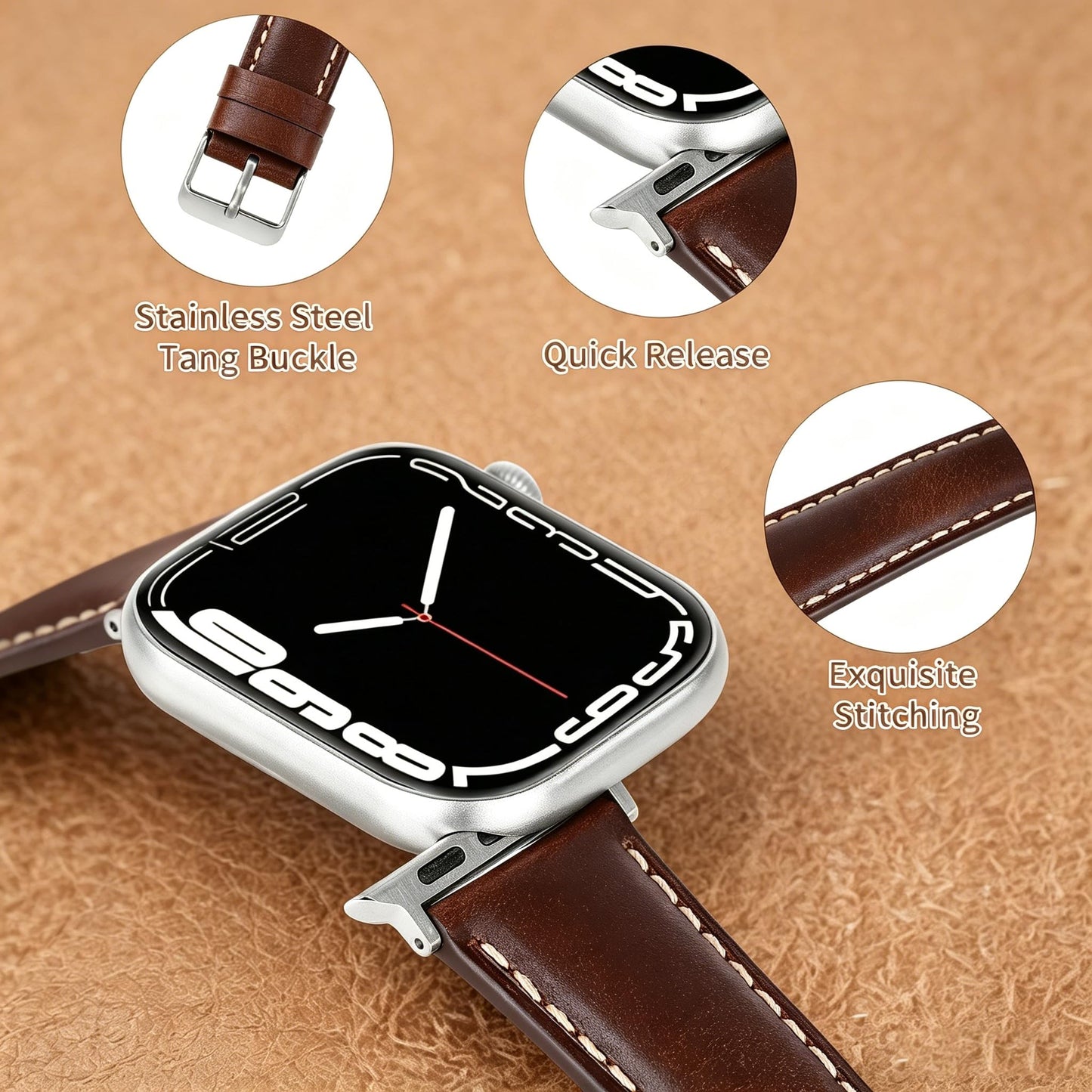 Vintage Full-Grain Genuine Leather Band Compatible with Apple Watch 42/44/45/46/49mm, Men Women Classic Business Dressy iWatch Strap for Series 11 10 9 8 7 6 5 4 Ultra SE 3 2 1, Dark Brown