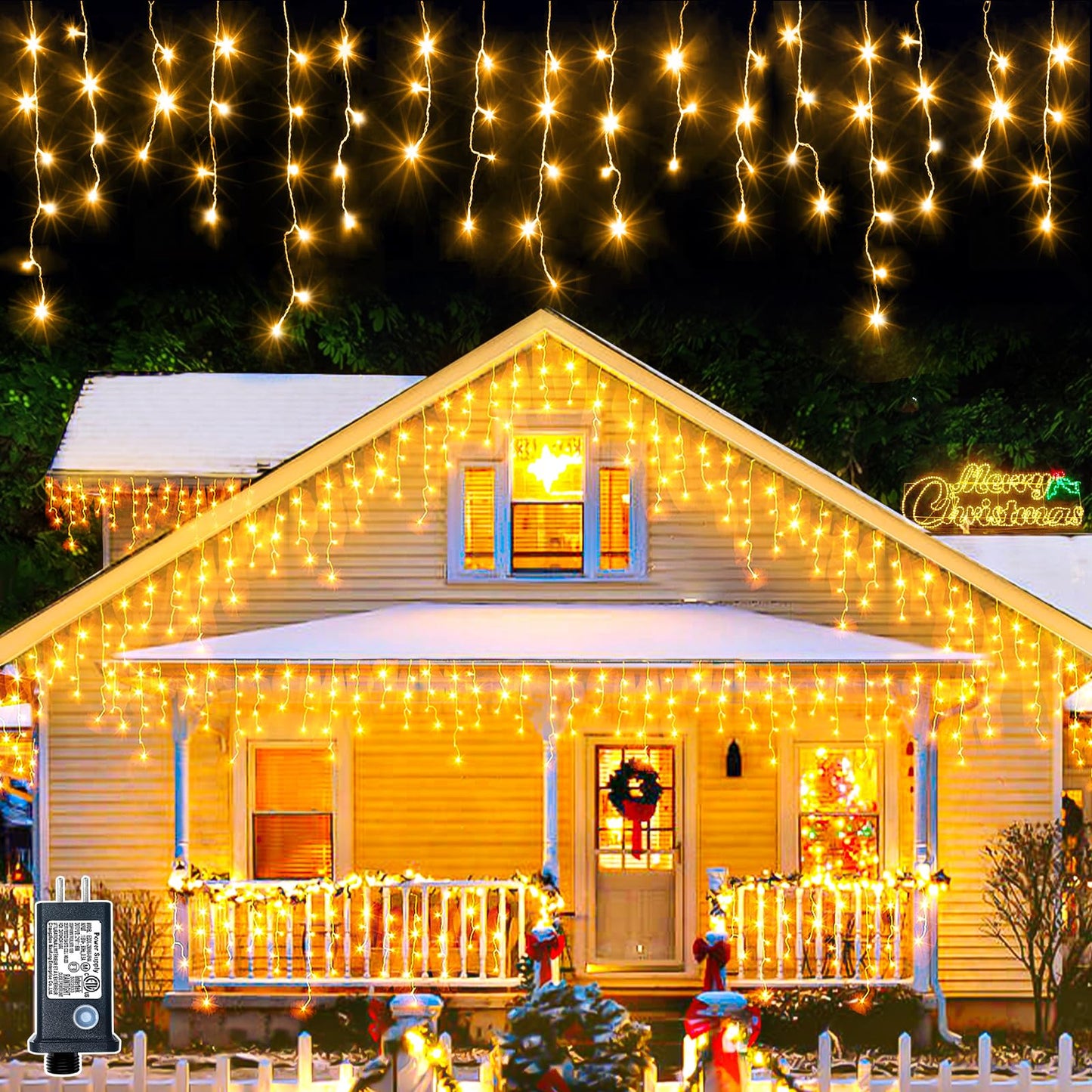 Einiiya Icicle Christmas Lights Outdoor, 66ft 640 LED Icicle Lights for Outside 8 Modes with 75 Drops, Plug in Christmas Light for House Indoor Holiday Wedding Christmas Decorations, Warm White