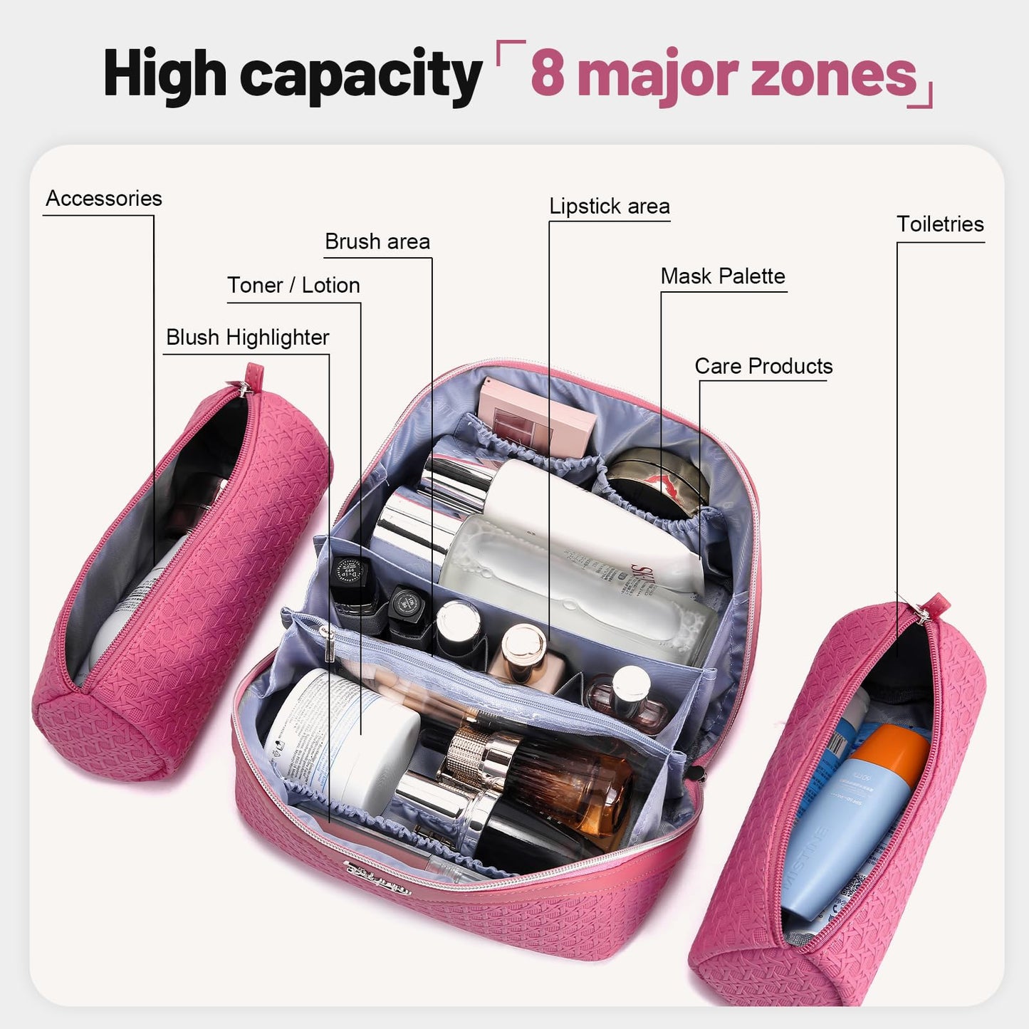 BOYATU Travel Makeup Bag Cosmetic Bags for Women: Large Capacity 3 Pcs Set Make up Bag with Compartments - Waterproof Vegan Leather Toiletry Organizer Bags with Handle (M-73Rose)