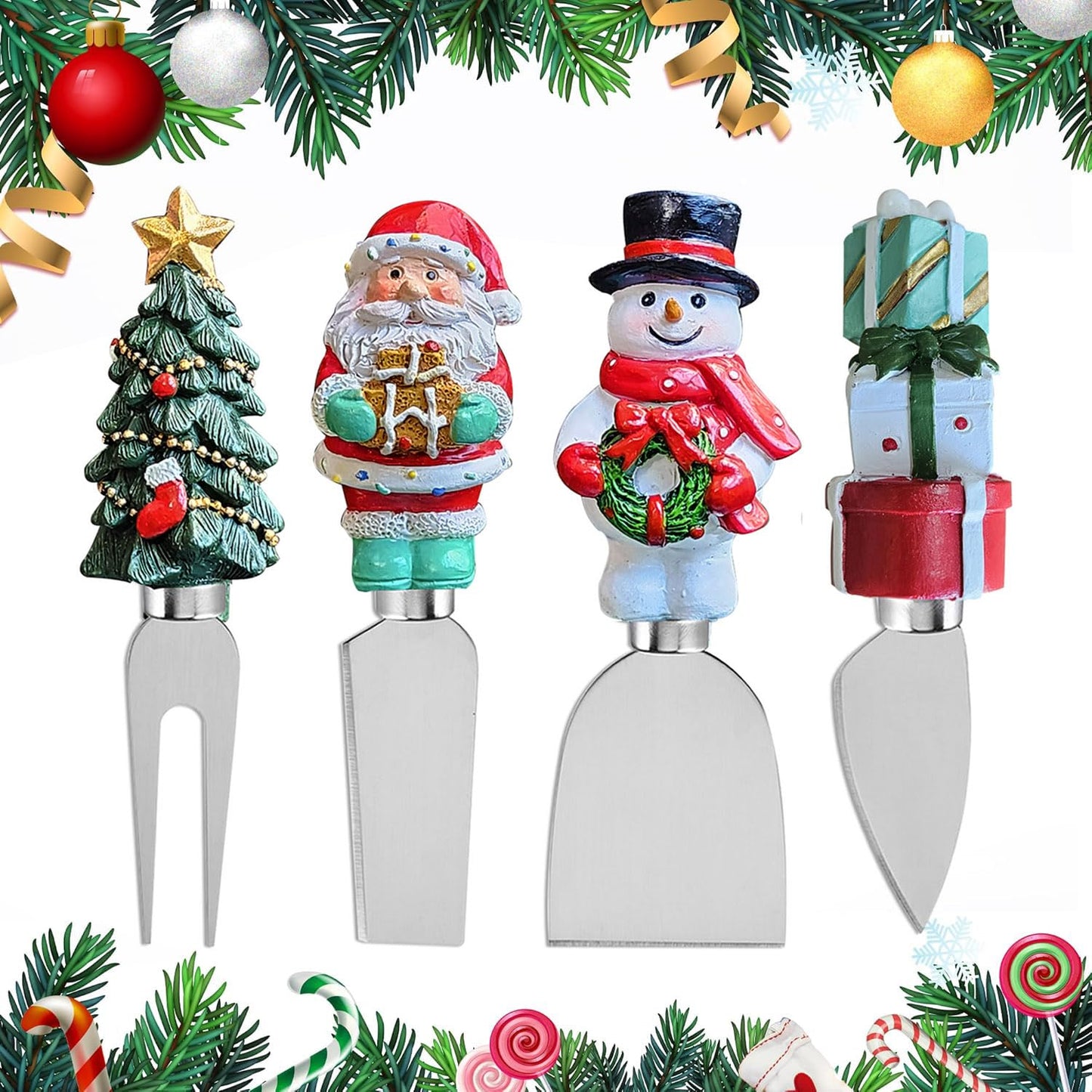 Linwnil 4-Piece Hand Christmas Resin Handles Cheese Knives, Xmas Charm Cheese Spreader Knife for Charcuterie Board Tools
