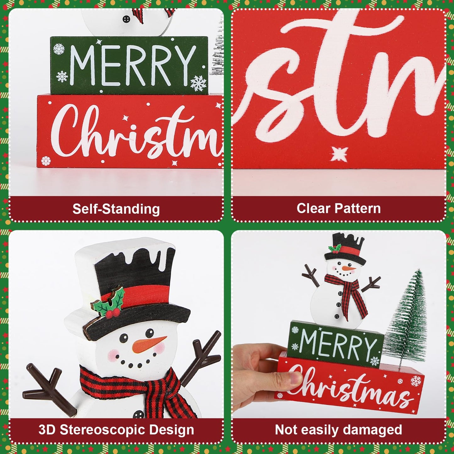Merry Christmas Decorations Indoor Wooden Snowman Christmas Tabletop for Home Xmas Tree Centerpieces for Tables Wood Table Sign Decor Tiered Tray Office Desk Shelf Mantel Room Winter Holiday Party