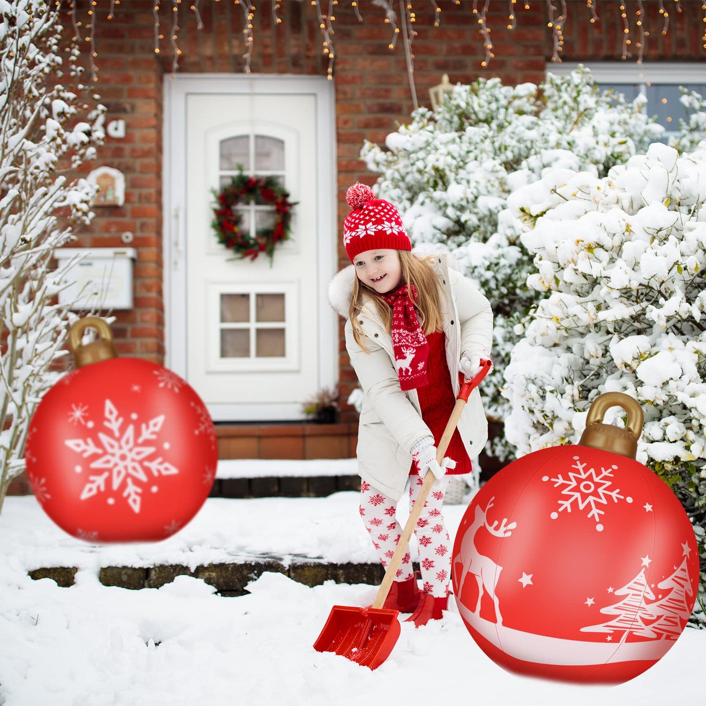 2 Pieces 32 Inch Giant PVC Inflatable Christmas Decorated Ball Ornaments Outdoor Large Xmas Blow Ball Decorations for Christmas Themed Party Ornaments(Elk Xmas Tree Style,Red)