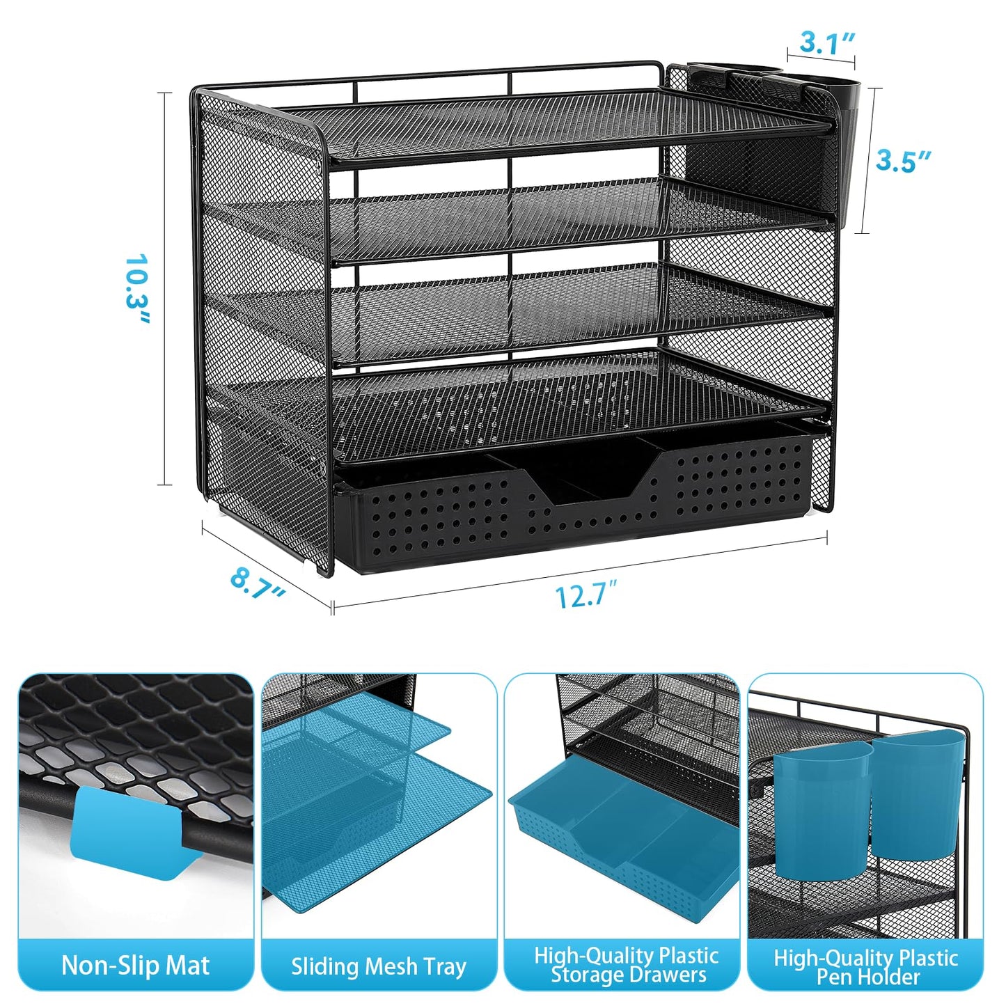 LEKETREE Desk Organizer and Accessories, 5-Tier Paper Letter Tray Organizer with Drawer & 2 Pen Holders for Desktop File Organization, Office Desk Accessories for Supplies Storage (Black)