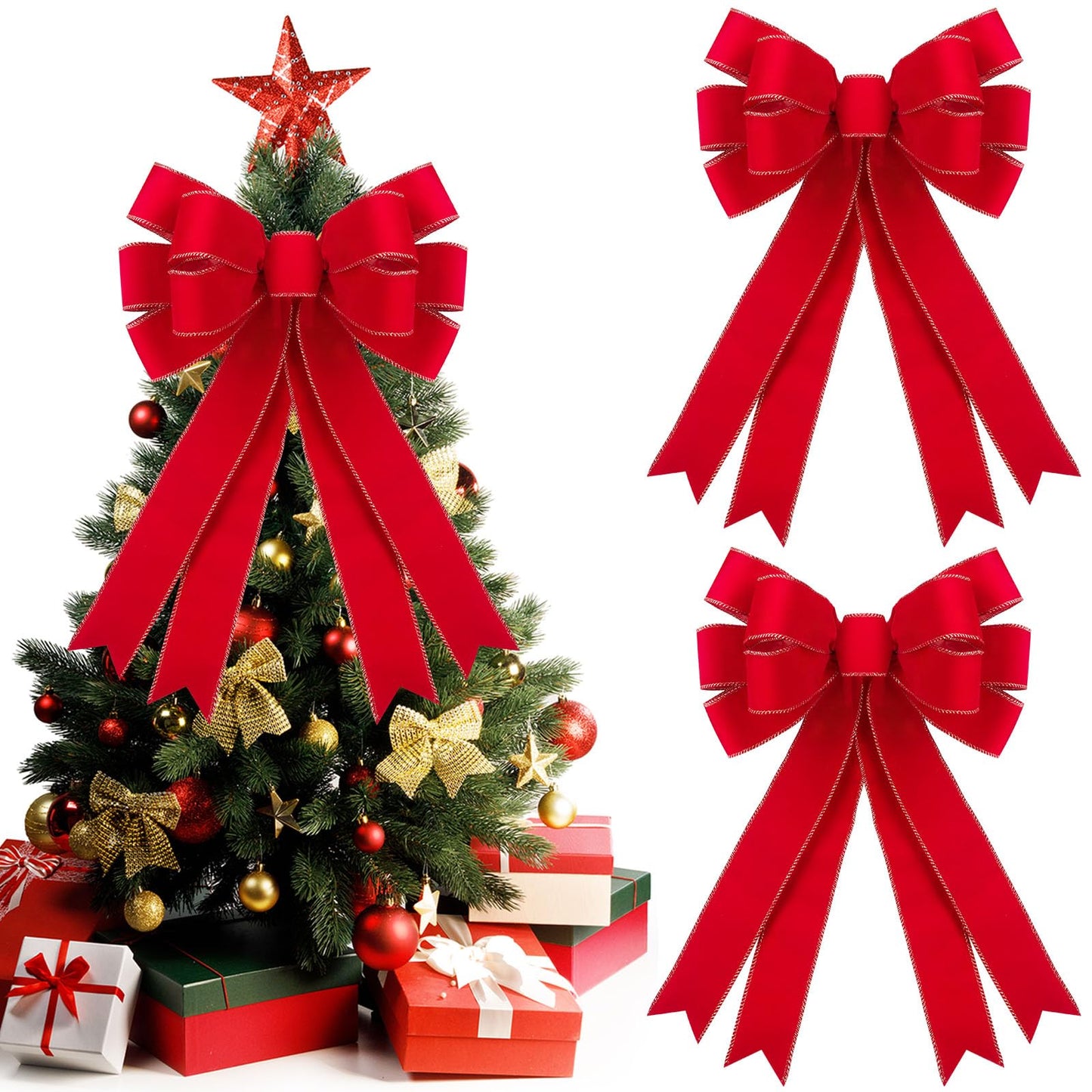 2 Pcs Red Christmas Bows Outdoor Decorations - 16”x24” Large Christmas Tree Topper Bow, Velvet Wreath Bow with Glitter Gold Edge for Xmas Home Front Door Decor