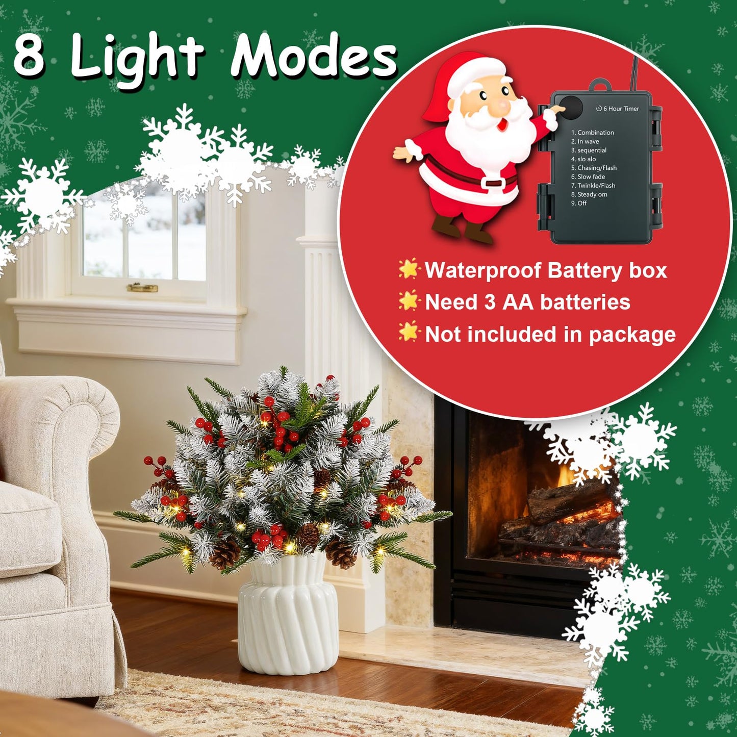 JOYHALO 2 Pack Set 22Inch Christmas Urn Filler with 40 Warm White Lights, Christmas Pot Fillers with White PVC&PE Branches, Outdoor Christmas Trees for Porch Pathway Entryway Yard Decorations