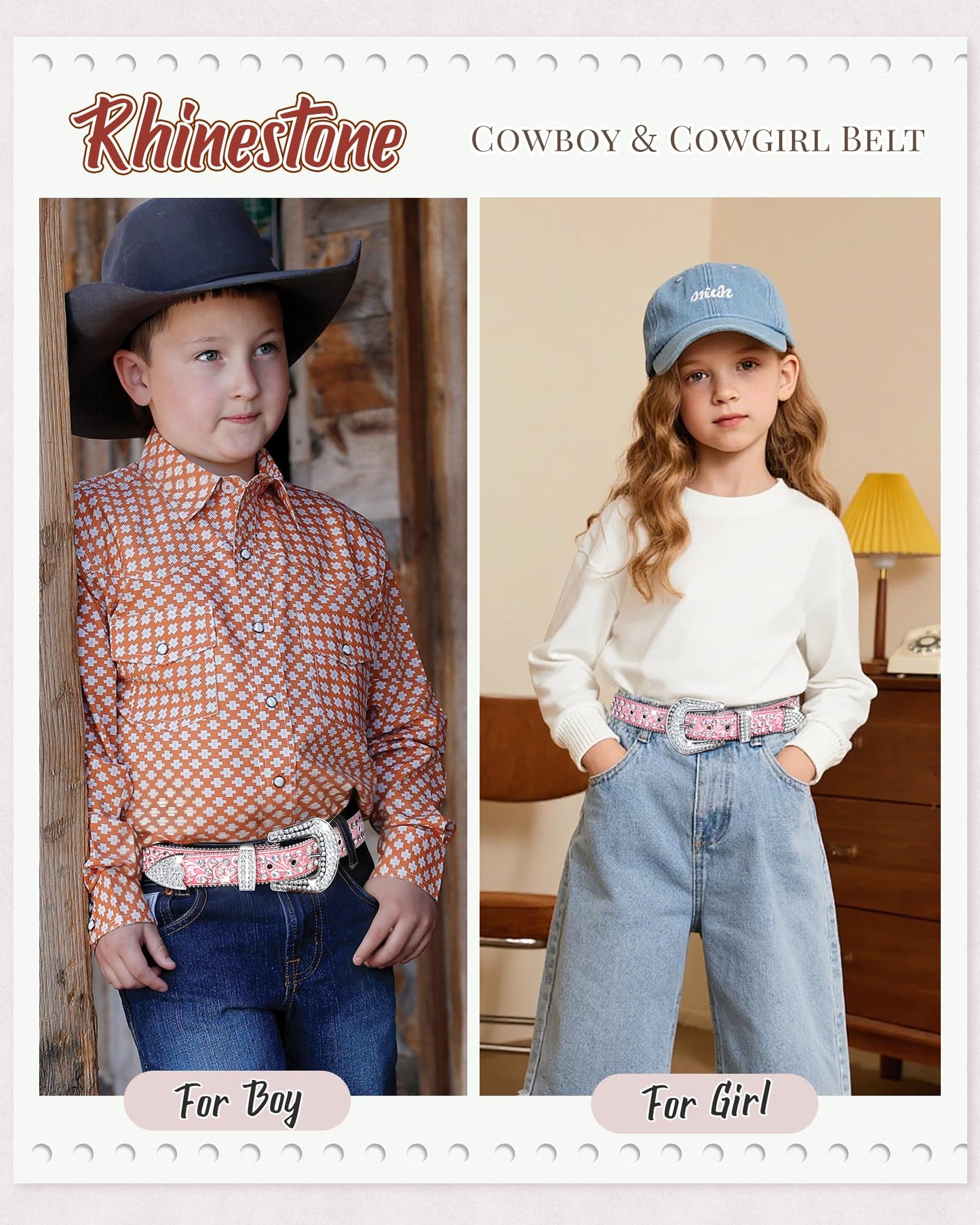 AWAYTR Kids Rhinestone Western Belt -Sparkly Cowboy Cowgirl Belt for Horse Shows School Plays Daily Jeans (#1-Pink, Fit Waist: 25"-29")