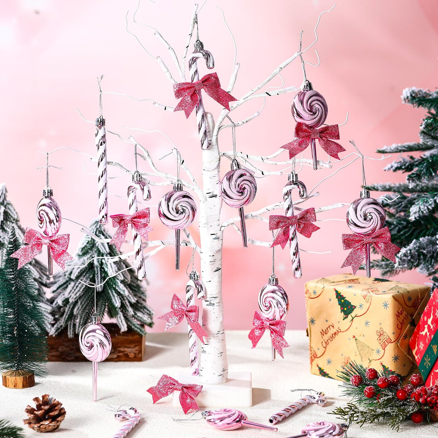 Pinkunn 30 Set Christmas Candy Cane Ornament with Bow Peppermint Candy Cane Christmas Tree Decoration Plastic Lollipop and Bow Hanging Ornaments for Xmas Tree Wreaths Holiday Decorations(Pink)
