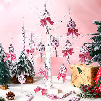Pinkunn 30 Set Christmas Candy Cane Ornament with Bow Peppermint Candy Cane Christmas Tree Decoration Plastic Lollipop and Bow Hanging Ornaments for Xmas Tree Wreaths Holiday Decorations(Pink)