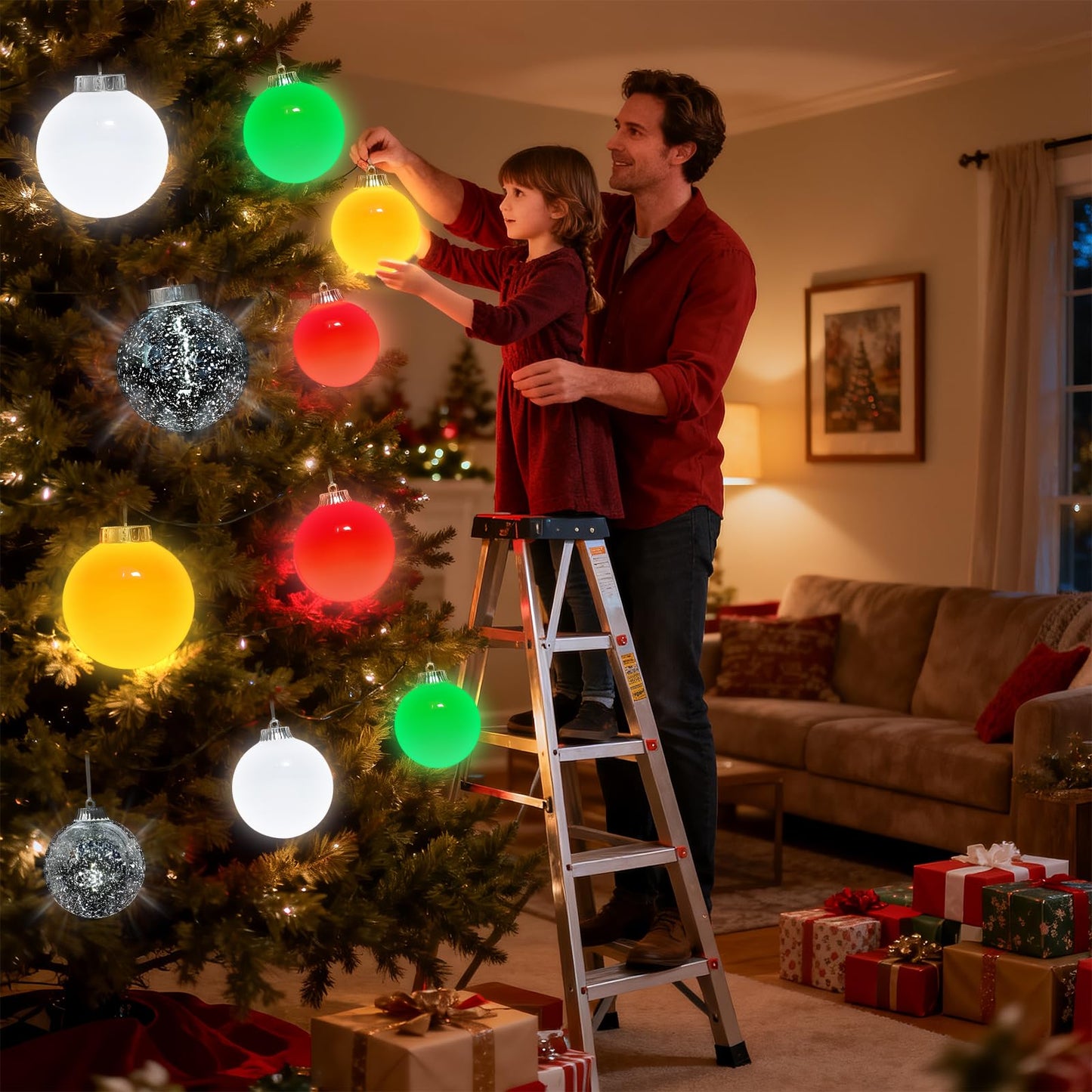 Lanpn 4 Pcs 5" Outdoor LED Ornament, Large Christmas Battery Powered Ball Lights, Xmas Tree Sphere Bulb Decor with Dark Sensor, Christmas Lighted Ornaments for Lawn Garden Yard Patio, Red