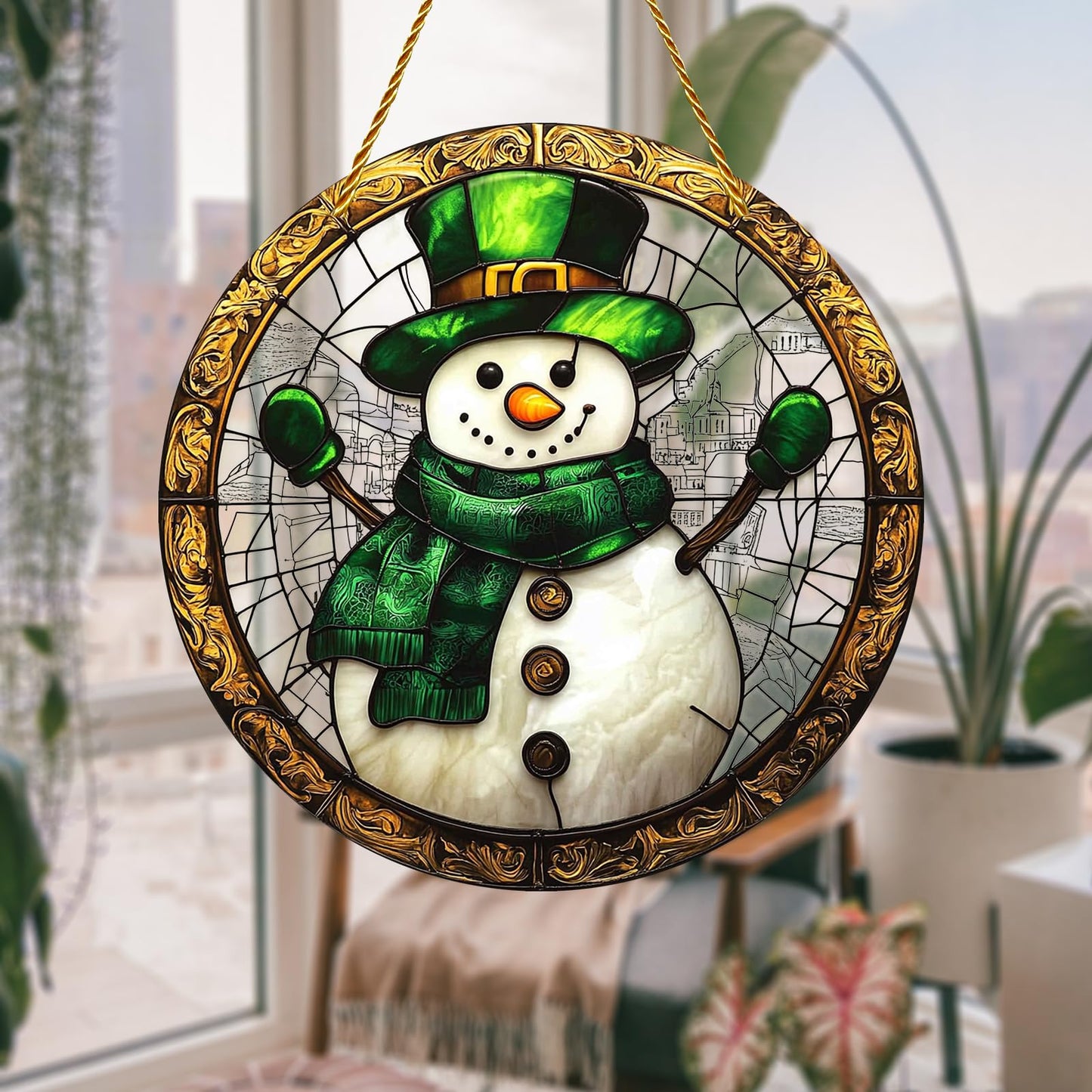 8x8 inch Charming Christmas Snowman Acrylic Stained Glass Window Hanging Sun Catcher Decor Stained Panel Hangings Wall Art Decor, for Friends and Family (Snowman)