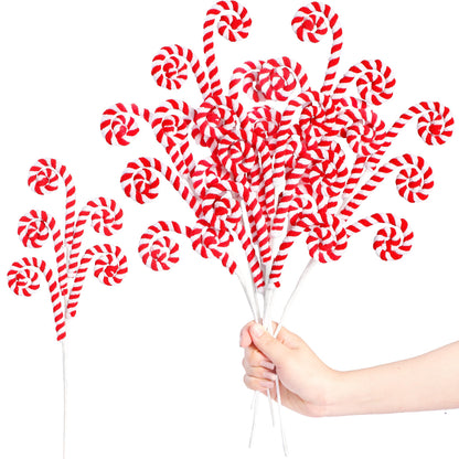 Sggvecsy 6 Pcs Christmas Tree Decoration Woolen Bells Candy Cane Shape Picks Lollipop Curly Pick Ornaments Xmas Tree Topper for Party Vase Filler Home Office Decor (Red)