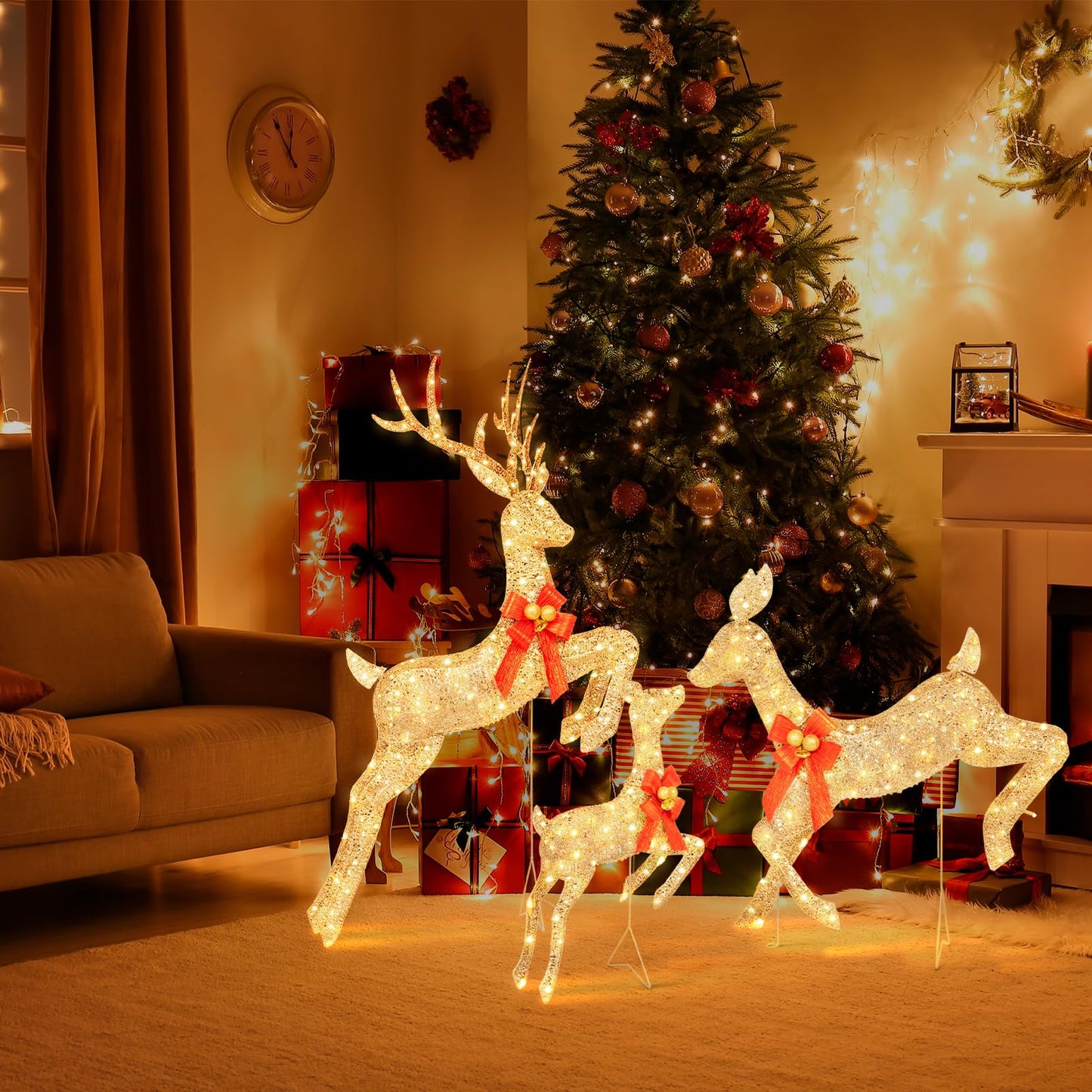 LOENIY 3-Piece Lighted Reindeer Christmas Decoration with 210 Warm White LED Lights, 5FT 3D Glittered Christmas Deer Family Set Outdoor Decorations, Plug in Deer Decor for Lawn Yard Patio Garden