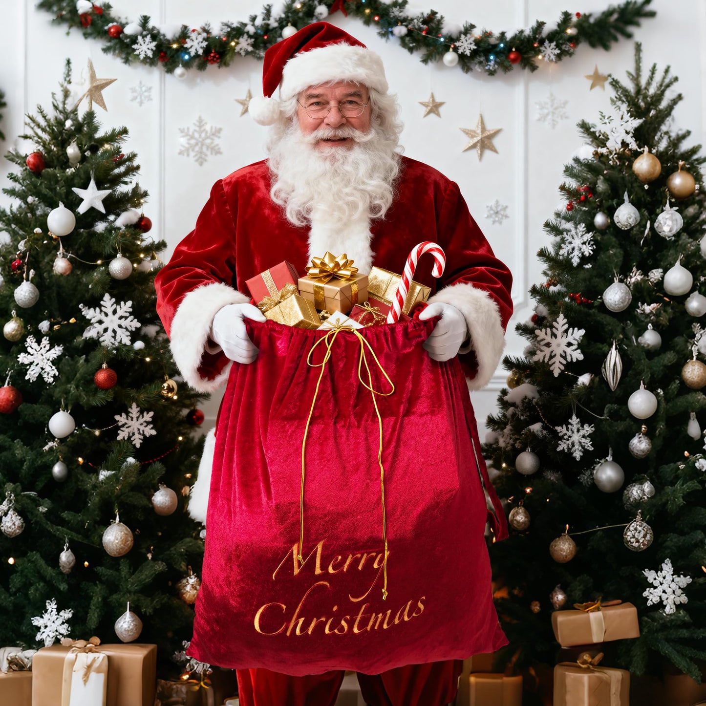 Large Velvet Santa Claus Christmas Sack with Drawstring, 29.5 x 35.5 Inch Gift Bags for Xmas Party Decor, Stocking Stuffers, and Holiday Gift Supplies (Red)