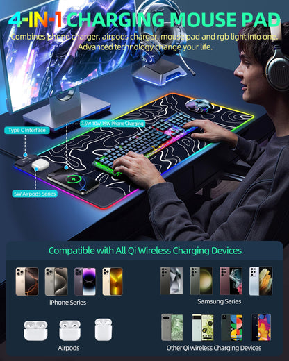 Wireless Charging Mouse Pad, RGB Gaming Mousepad, 31.5"x15.7" Extra Large Desk Pad, 13 Light Modes, Ultra-Smooth Surface, Non-Slip Base, Waterproof Computer Keyboard Mat for MacBook, PC, Laptop, Black