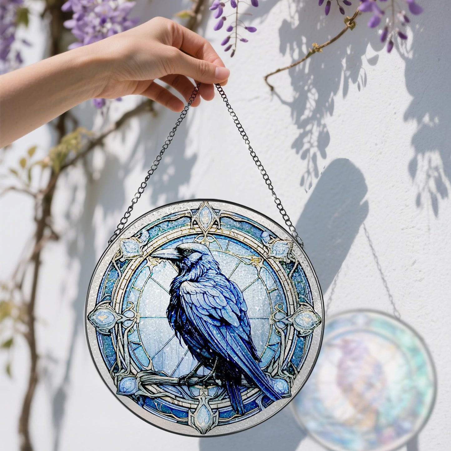 8 Inch Stained Glass Suncatcher Ornament, DOUHASU Crow Sun Catchers Indoor Window, Stained Glass Window Hanging, Home Decor, Bird Lovers Gifts for Women, Men