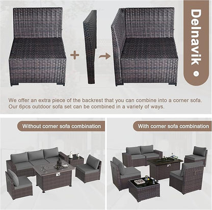 Kurapika 7 Pieces Patio Furniture Set, Rattan Outdoor Conversation Sets w/43in Propane Fire Pit Table and 4 Inch Cushion(Grey)