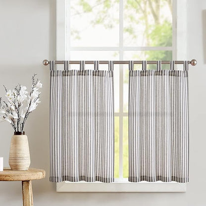 JINCHAN Tab Top Linen Kitchen Curtains 36 Inch Striped Tier Curtains Farmhouse Modern Cafe Style Small Window Treatments Airy Light Filtering Rod Pocket for Living Room Bathroom 2 Panels Charcoal Grey