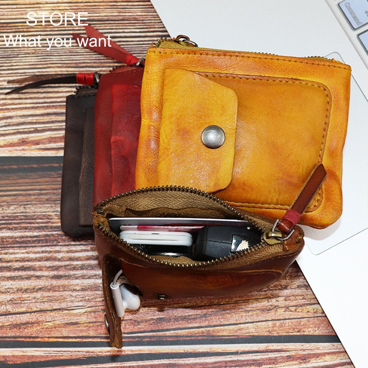 LFWATAXY Genuine Cowhide Coin Purse for Men, Women Leather Coin Pouch Zipper Coin Purse Wallet Leather Zipper Storage Bag Coin Organizer (Brown)