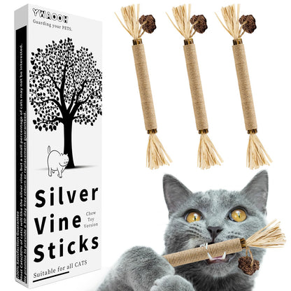 YWAOOH 3 Pack Silvervine Sticks Cat Toys, 100% Natural Kitten Teething Chew Toys, Catnip Toys for Kittens & Cats, Cat Approved Gift, Protects Furniture