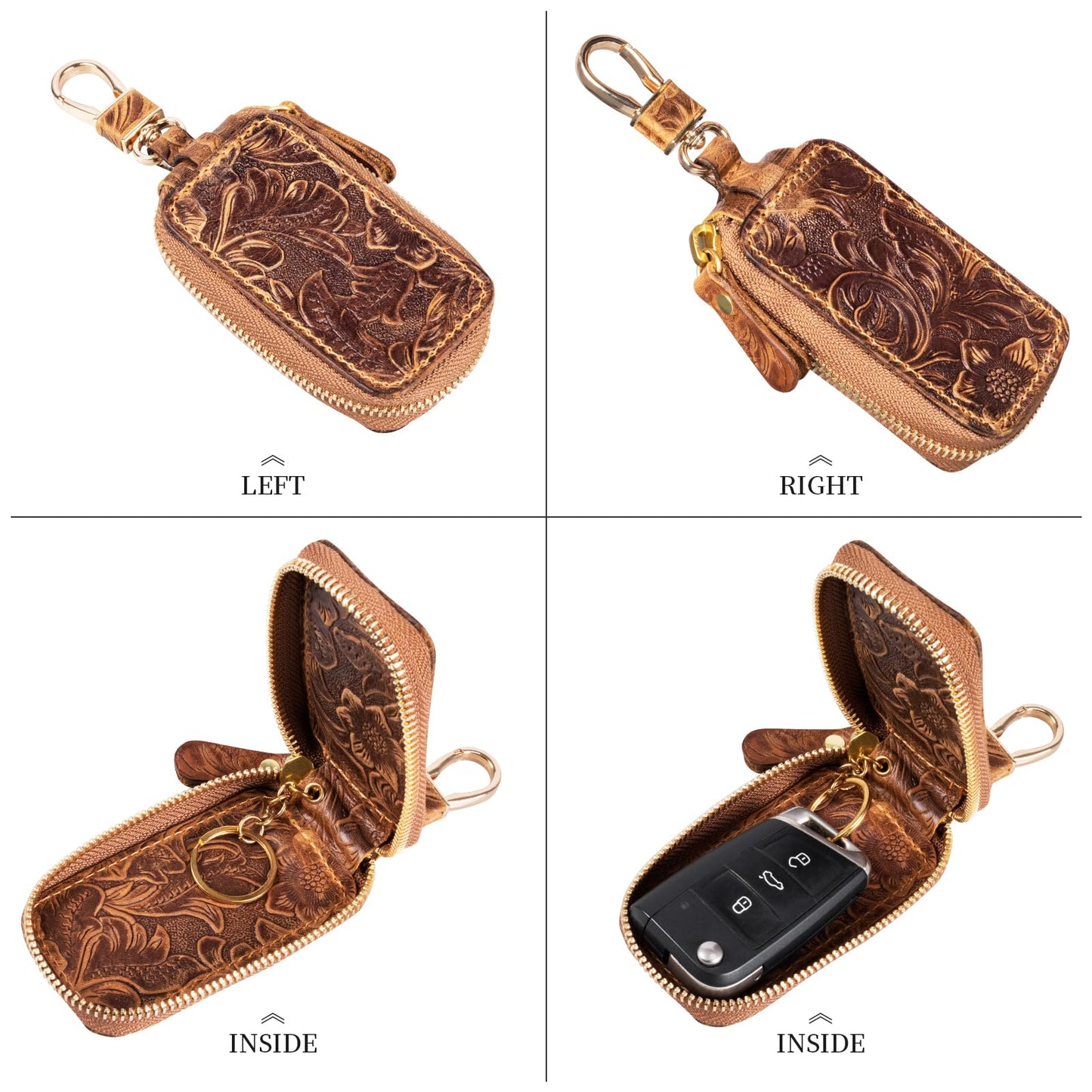Gexmil Genuine Leather Zipper Car Key Case, Full Grain Leather, Pure Brass Hardware, Hand-Made Universal Car Key Holder, Mini Coin Bag for Women Men,Floral Brown