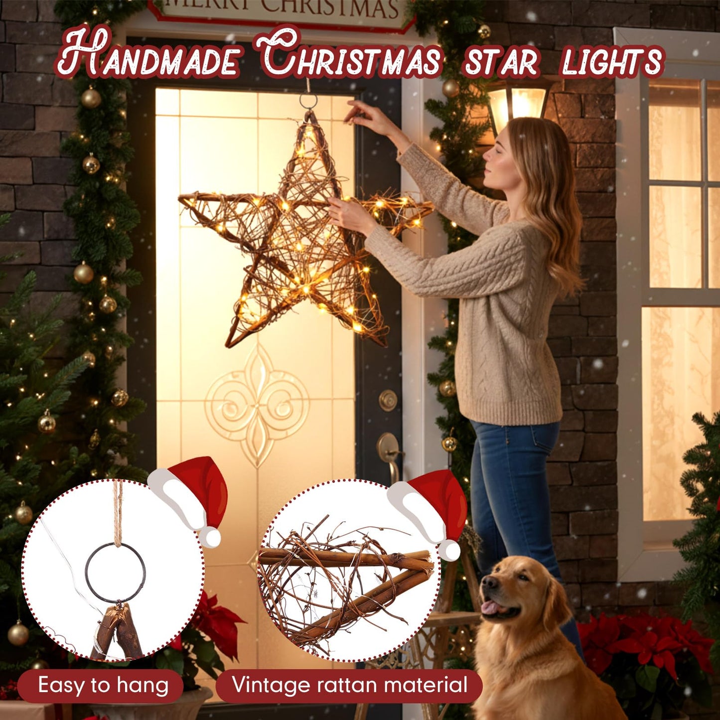 Retisee 24" Extra Large Christmas Star Window Lights Rustic Rattan Hanging Star Lights Battery Operated Rattan Natural Christmas Window Decorations Lamp for Door Porch Home Xmas Tree Outdoor Indoor