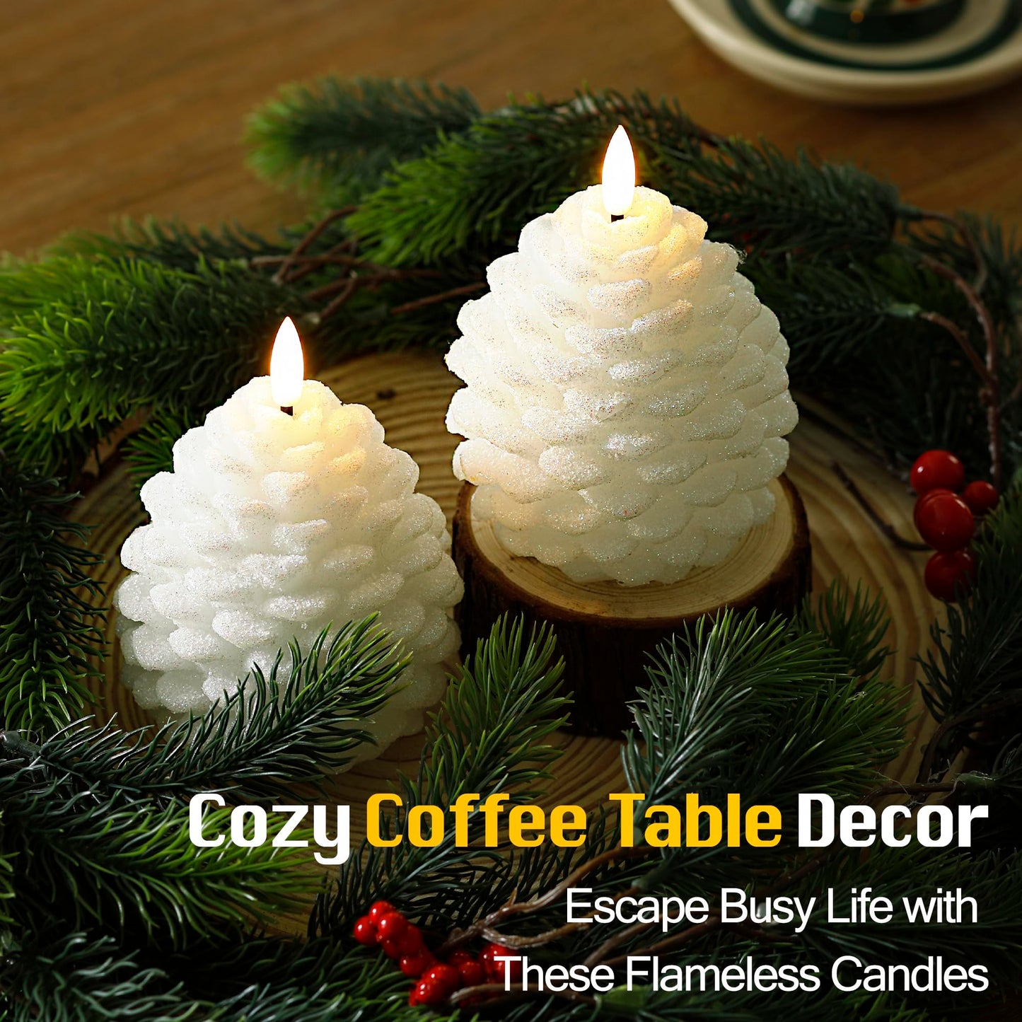 Christmas Flameless Pine Cone Candles with Remote Timer, Battery Operated Flickering Candles, LED Real Wax Pinecone for Christmas Home Decoration, Set of 2, White with Glass Bead Powder (5.5" X 4.1")