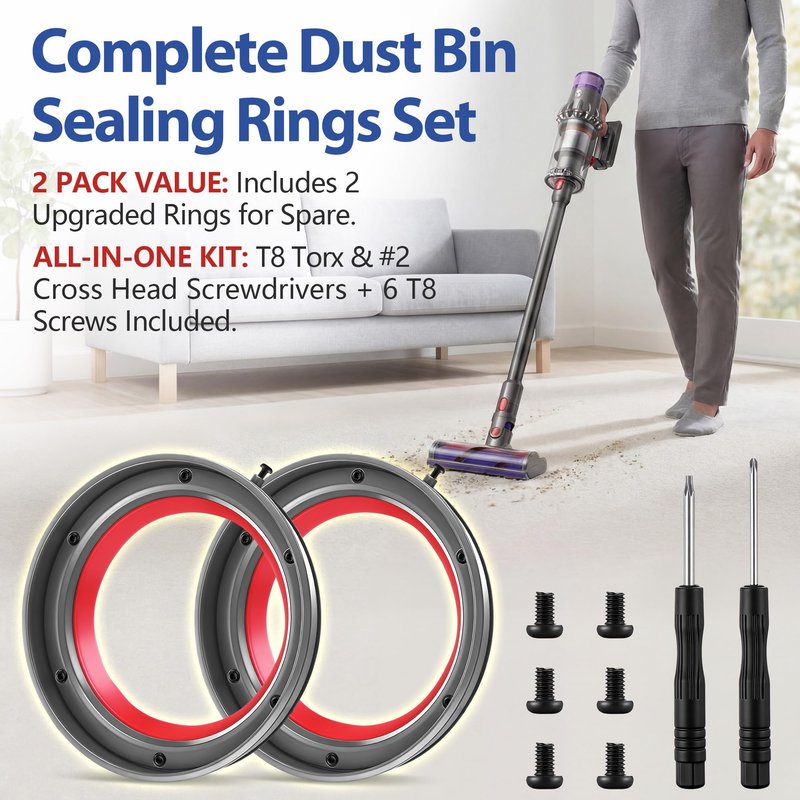 Saillong 2 Pack Upgraded Dust Bin Sealing Rings Compatible with Dyson V11 V15 Gen5 SV14 SV15 SV22, Bin Sealing Ring Assembly with Screwdrivers and Screws, Vacuum Cleaner Canister Replacement Parts