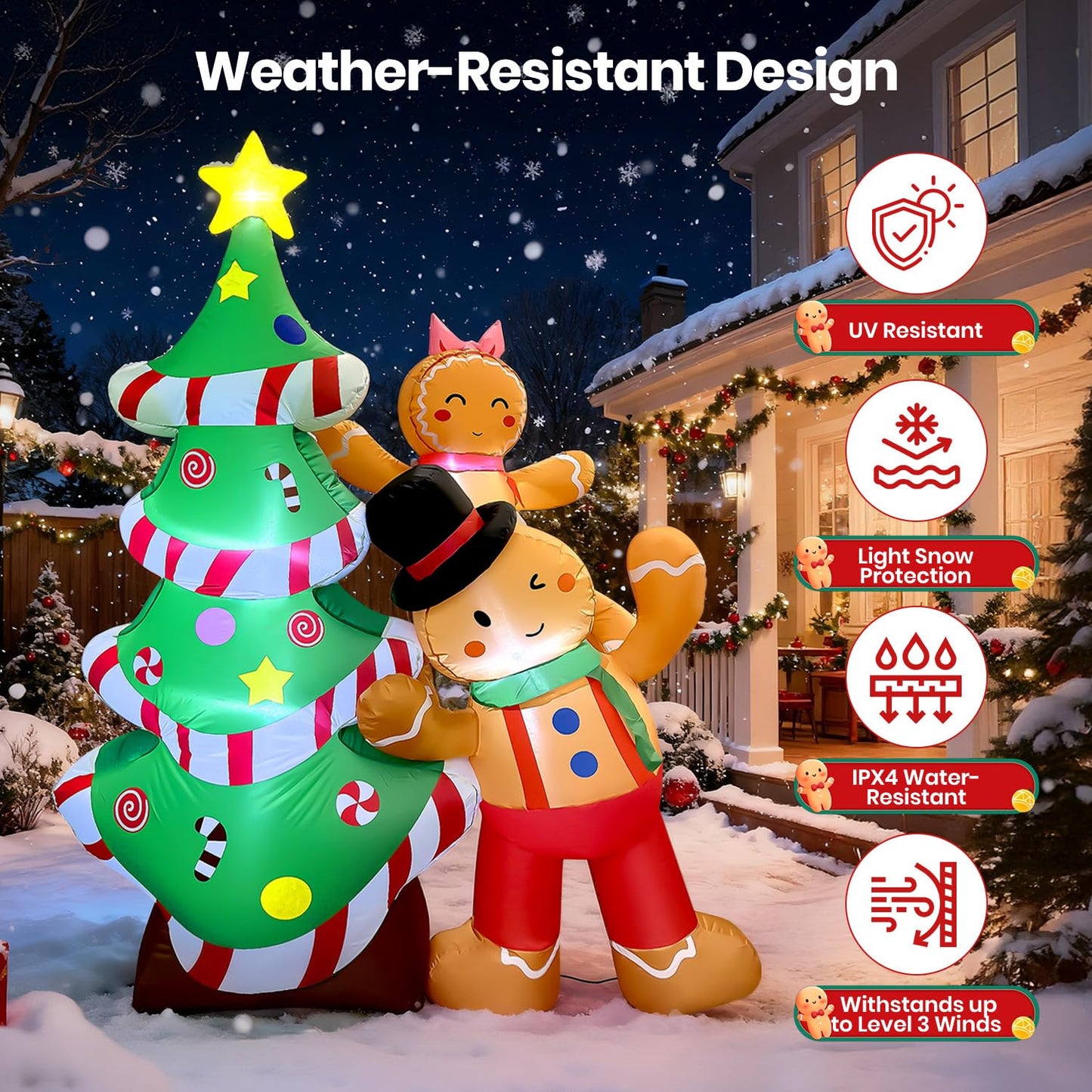 GVDV 8FT Inflatable Christmas Tree with Gingerbread Man Clearance,Giant Outdoor Christmas Inflatables Decoration with Bright LED Lights,Fast Blow Up Christmas Lawn Inflatables with Stakes & Sandbags