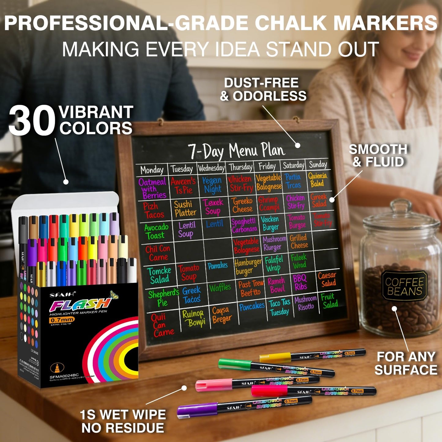 SFAIH 30 Vibrant Liquid Chalk Markers for Bhalkboard, Calendar, Glass - [1s Wet Wipe] No Residue, 0.7-1mm Extra Fine Tip, Chalk Pens for Bistro, Labels [Highlighter Marker Pen for LED light board]