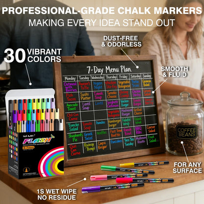 SFAIH 30 Vibrant Liquid Chalk Markers for Bhalkboard, Calendar, Glass - [1s Wet Wipe] No Residue, 0.7-1mm Extra Fine Tip, Chalk Pens for Bistro, Labels [Highlighter Marker Pen for LED light board]