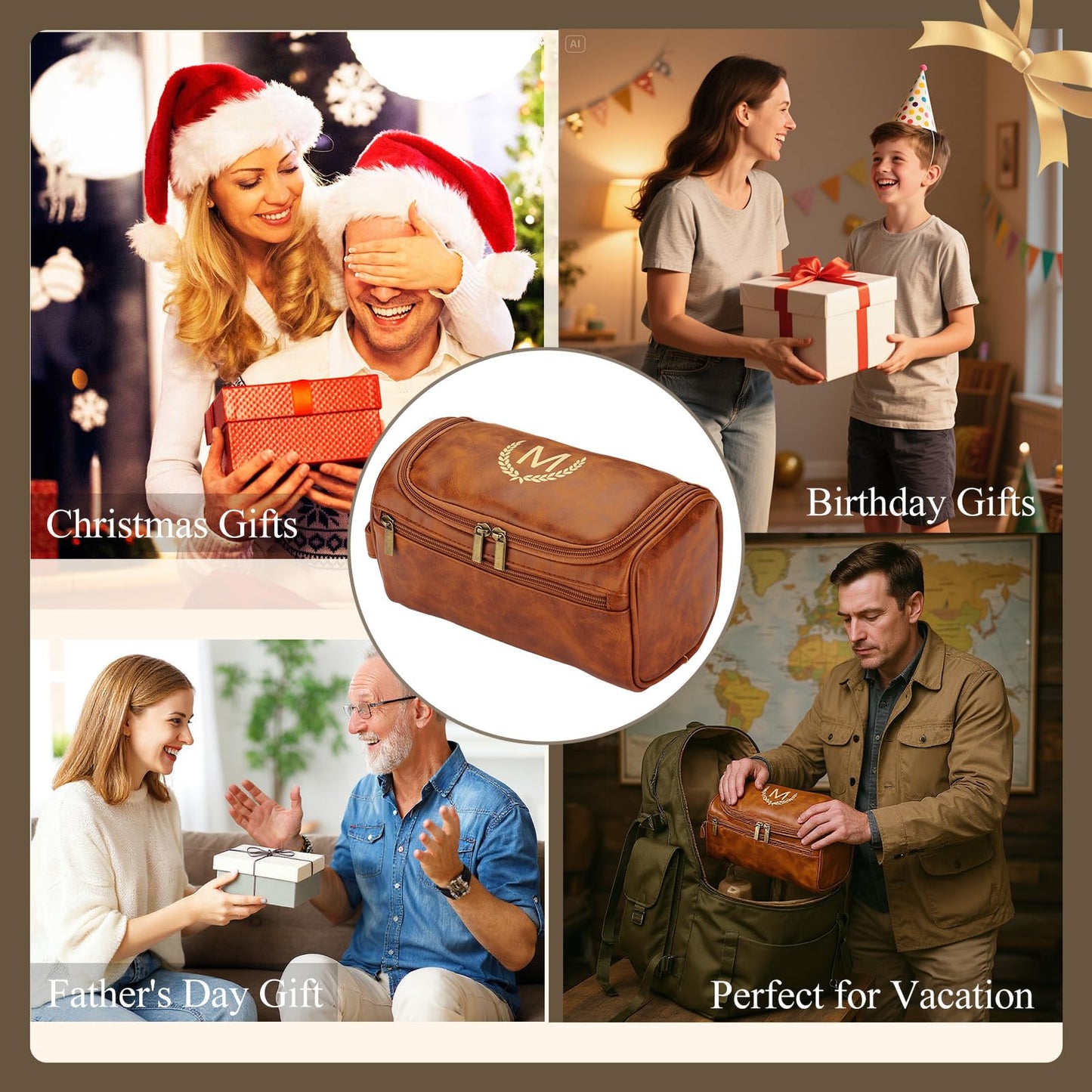 OXYEFEI Personalized Toiletry Bag for Men,Personalized Gifts for Men,Engraved Initial PU Leather Mens Toiletry Travel Shaving Travel Essentials Toiletries Bag for Him Birthday (W, Light Brown)