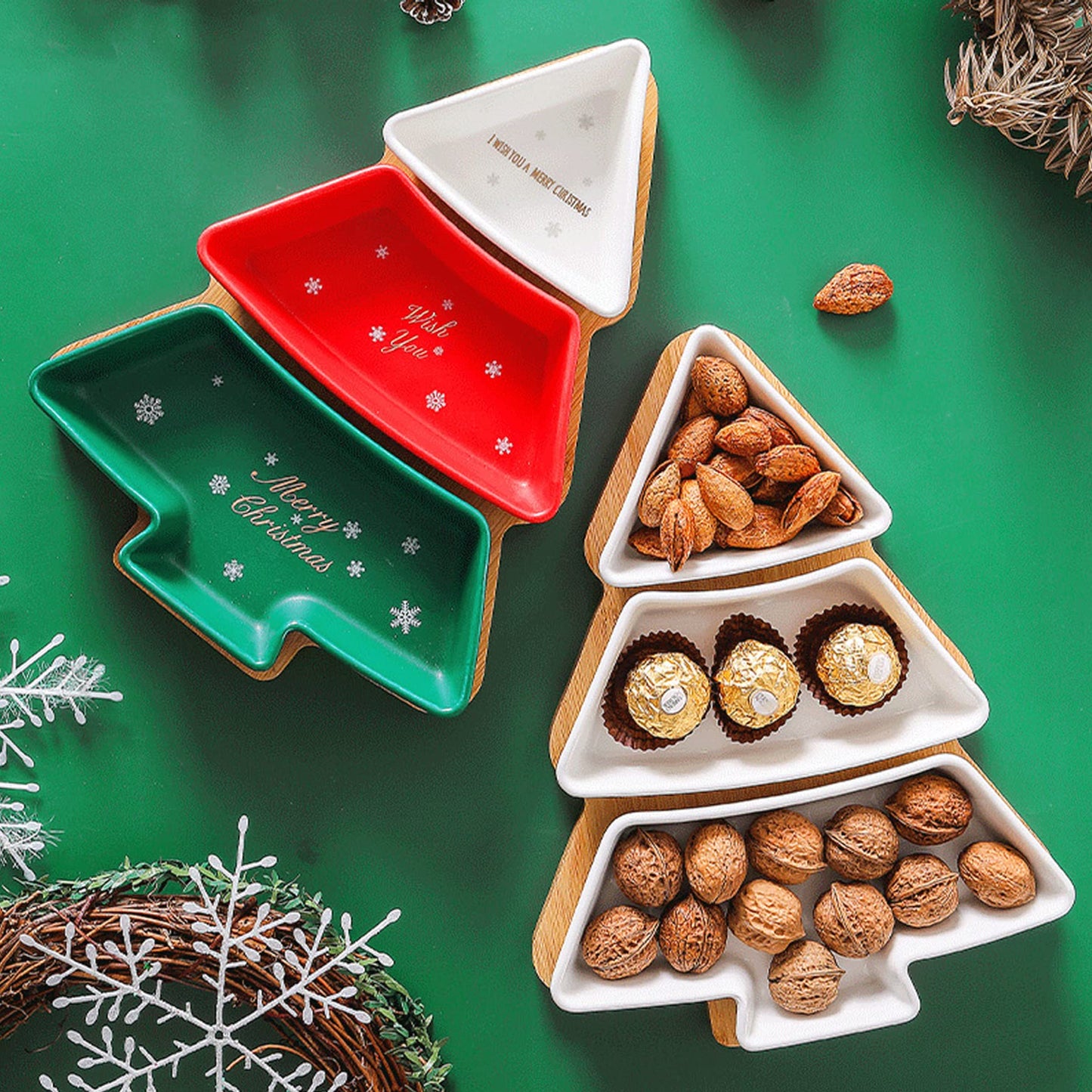 ROSE CREATE Colorful 11.6 Inches Big Colorful Snack Appetizer Trays Set, Christmas Tree Dessert Serving Dishes, Snack Platter, 3 pcs Removable Porcelain Plates with Bamboo Tree Tray