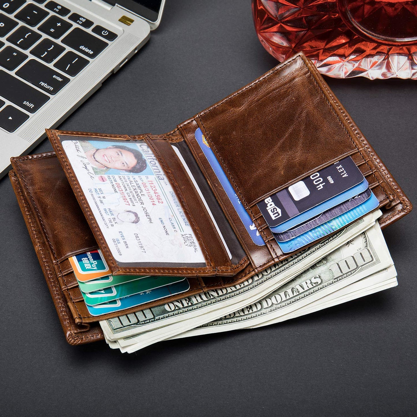 Plinvo Men's Extra Large RFID Blocking Bifold Wallet Genuine Leather Vertical Design 16 Card Slots with ID Window (Coffee)