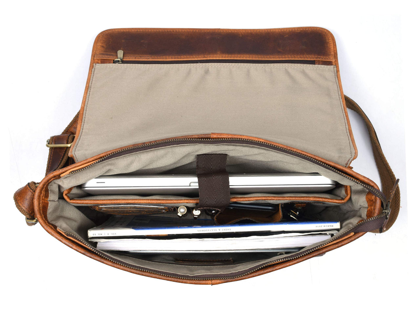 16" Crossbody Bag Leather Laptop Messenger Bag For Men with trolley sleeve for school office (Caramel)