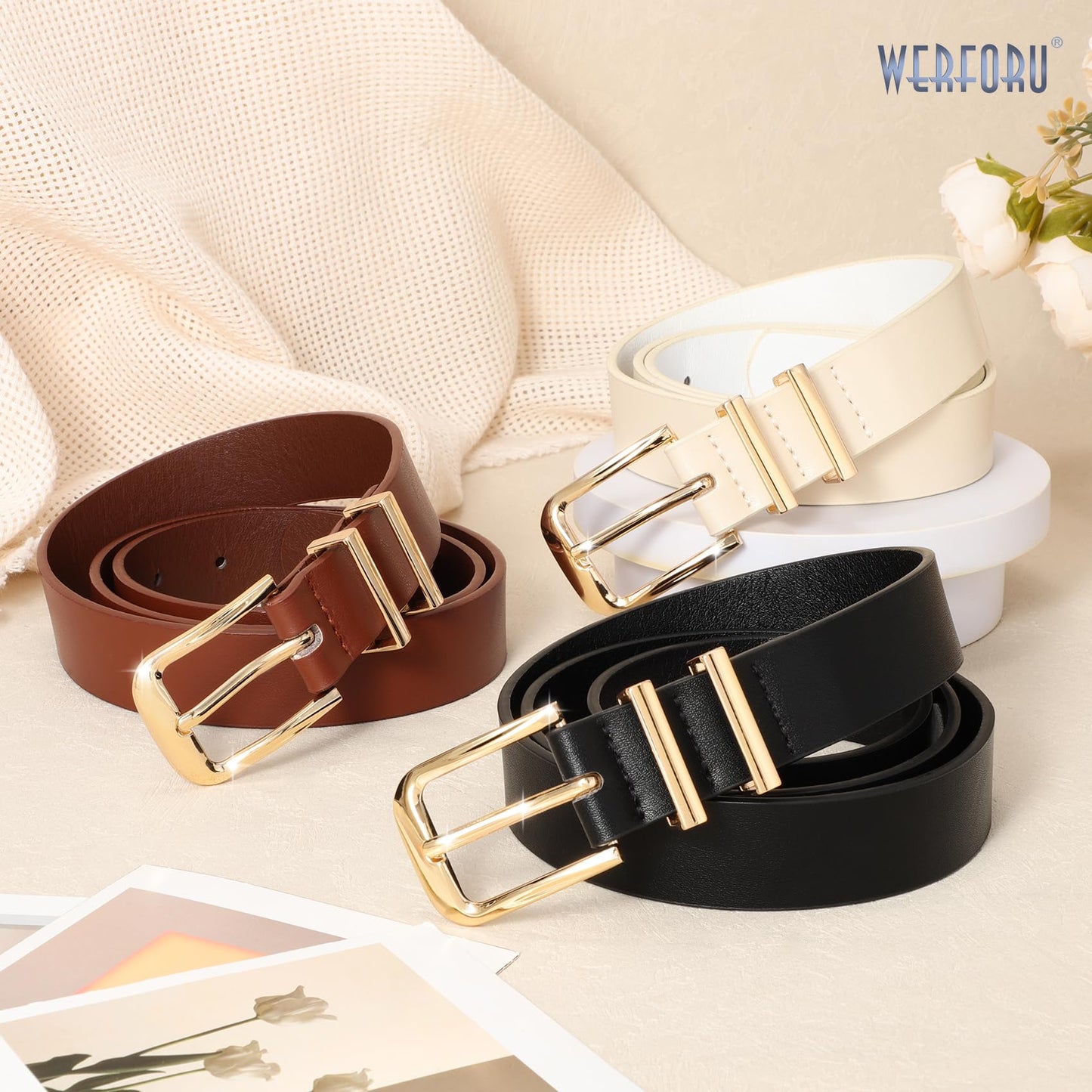 WERFORU 3 PACK Women Belt Women Fashion Leather Belts for Jeans Pants Ladies Belts with Gold Buckle,A-Black+Brown+Beige,Fit Waist Size 32-36 Inches