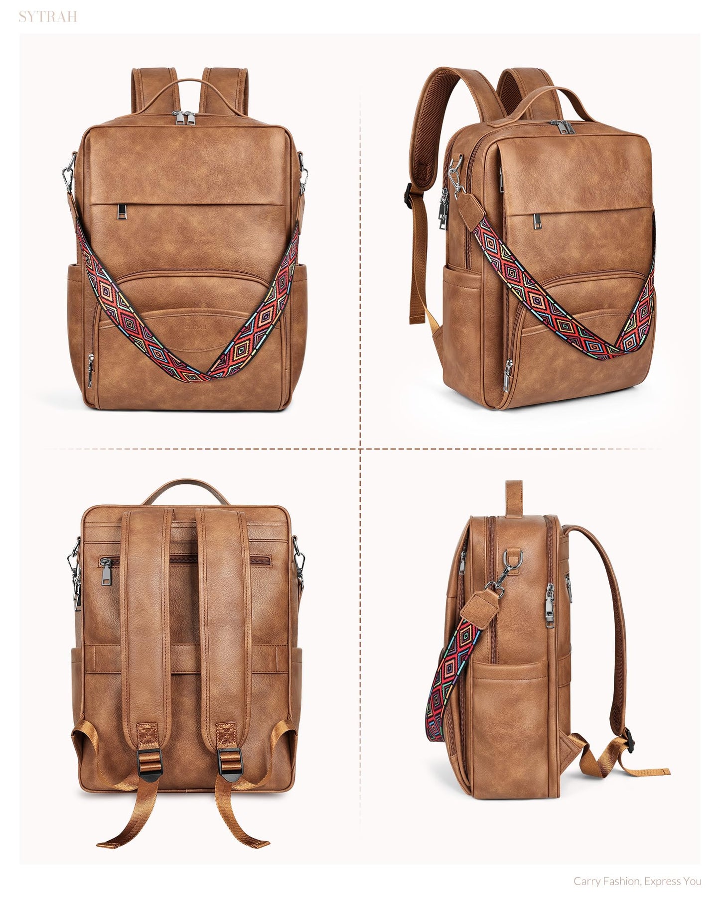 SYTRAH Leather Laptop Backpack for Women, 15.6 Inch Business Computer Bag, Designer College Backpack Travel Backpack with Colorful Shoulder Bag Strap Mocha Brown