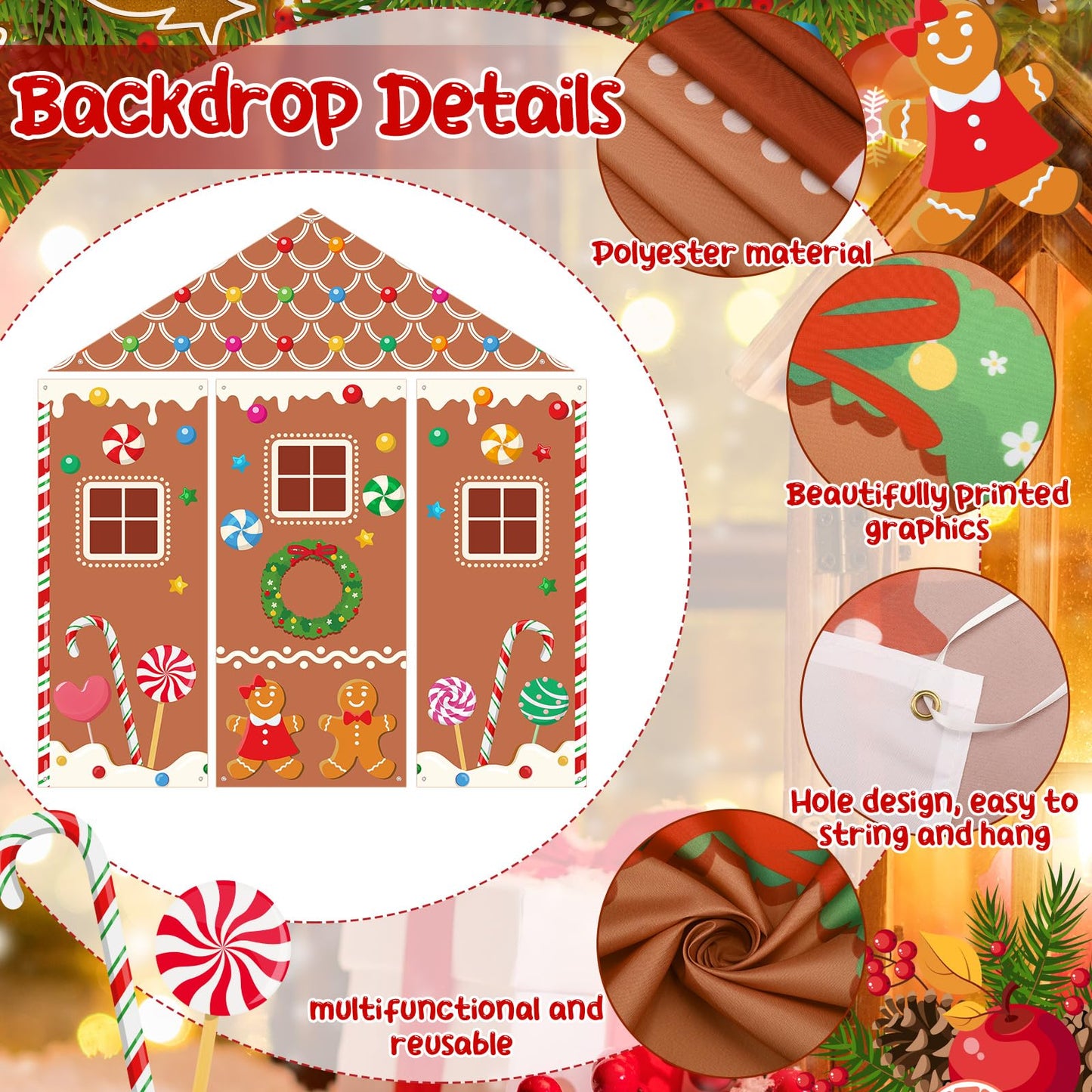 VitalCozy 4 Pcs Christmas Gingerbread Door Decoration Xmas Gingerbread House Candy Door Covers Backdrop Christmas Hanging Banner Porch Sign for Holiday Classroom Office Home Party Decor(Brown)