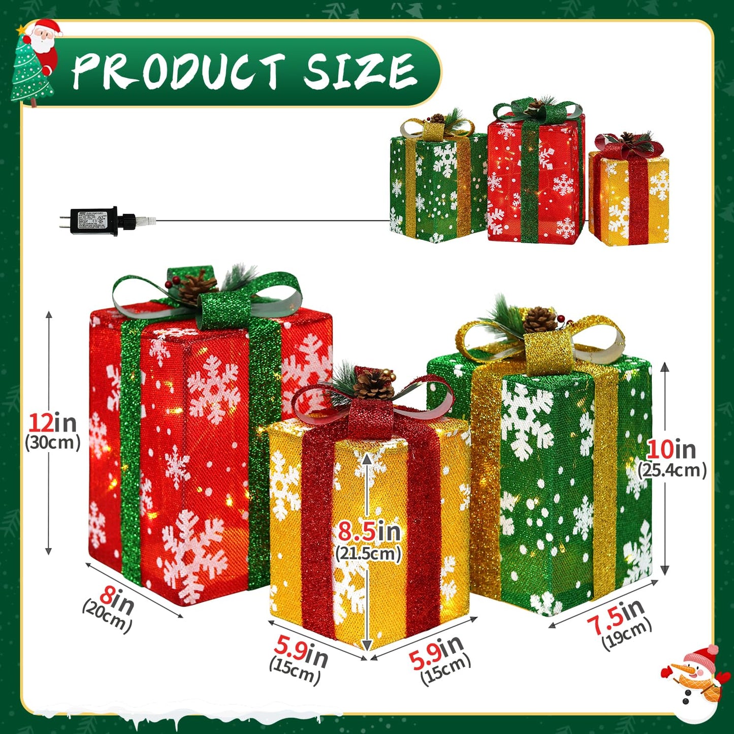 DomKom Set of 3 Tall Christmas Lighted Gift Boxes Decorations - Plug in 60 LEDs Present Box - Rectangular Light Up Xmas Tree Skirt Ornament Outdoor/Indoor Vertical Holiday Decor