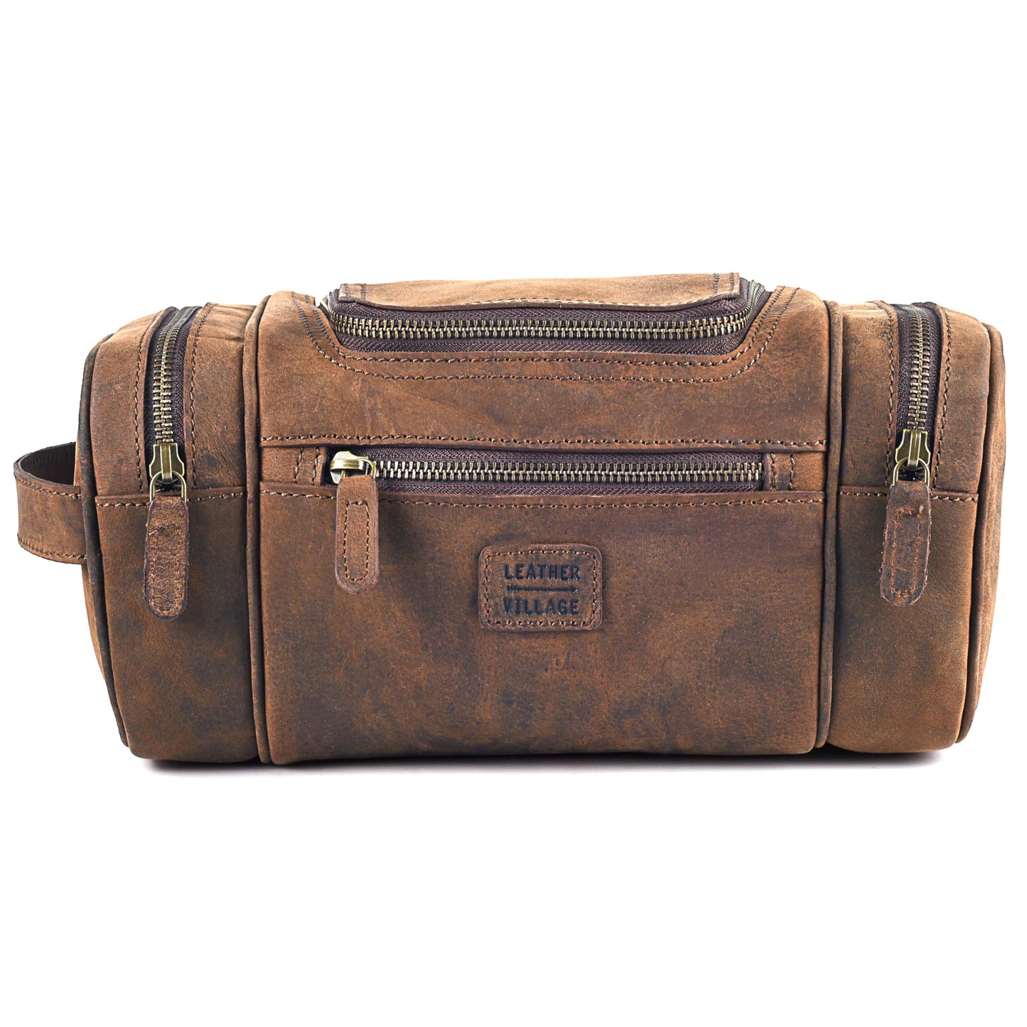 LEATHER VILLAGE Genuine Leather Travel Dopp Kit for Men & Women – Large Capacity Hanging Toiletry Bag with Water-Resistant Lining – Ideal for Travel, Grooming & Gym - Brown