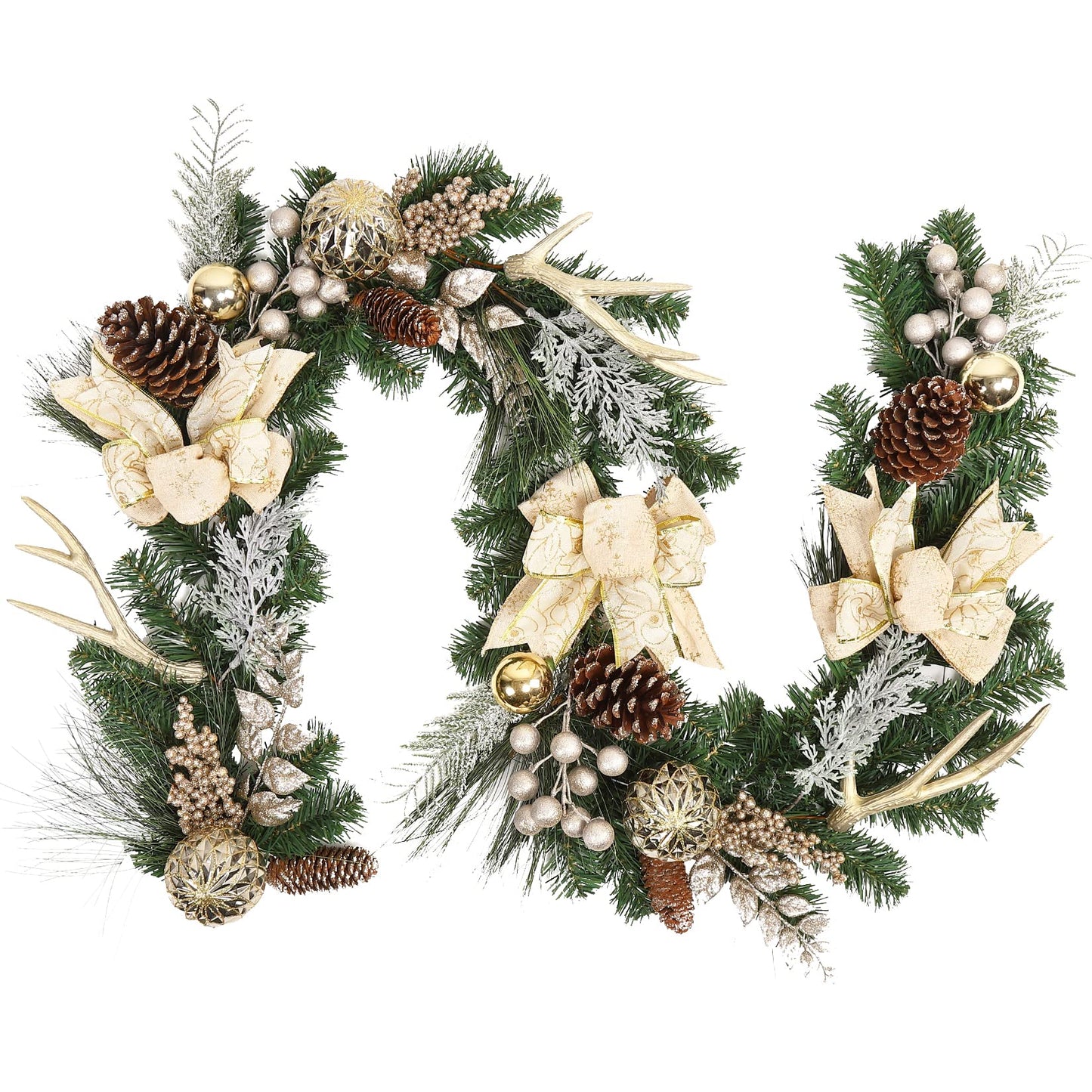 Adeeing Christmas Garland with Lights, Champagne Gold 6FT 20LED Pre-Lit Christmas Garland with Ball Ornaments, Ribbons, Pine Cones and Artificial Antlers for Door Mantle Stairs Christmas Decoration