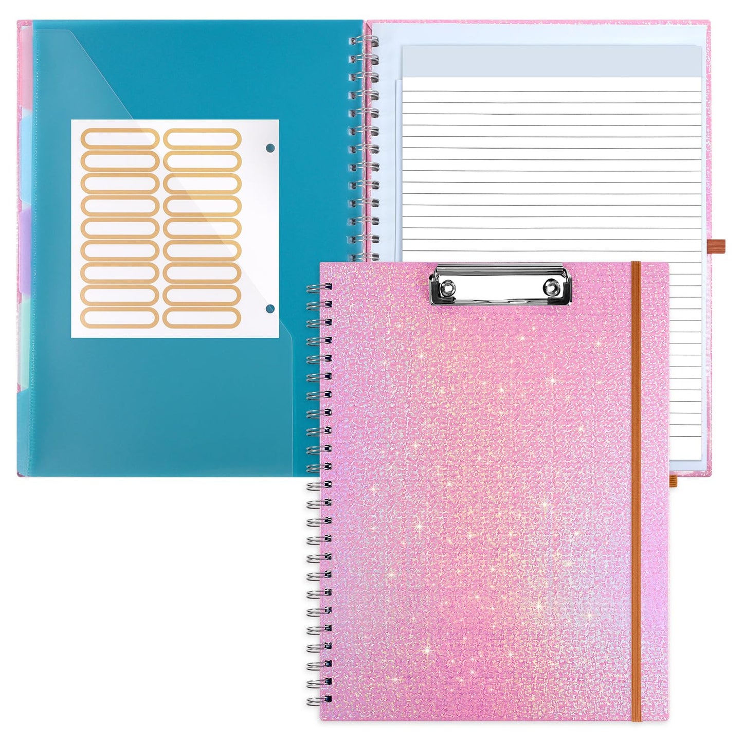Zoenley Glitter Clipboard Notebook with Storage for Letter Size, 8.5 x 11 Notepad Holder with 5 Folders and Dividers, Size 12.8X 9.7 in, Spiral Portfolio for Nursing Teacher School Supplies,Pink