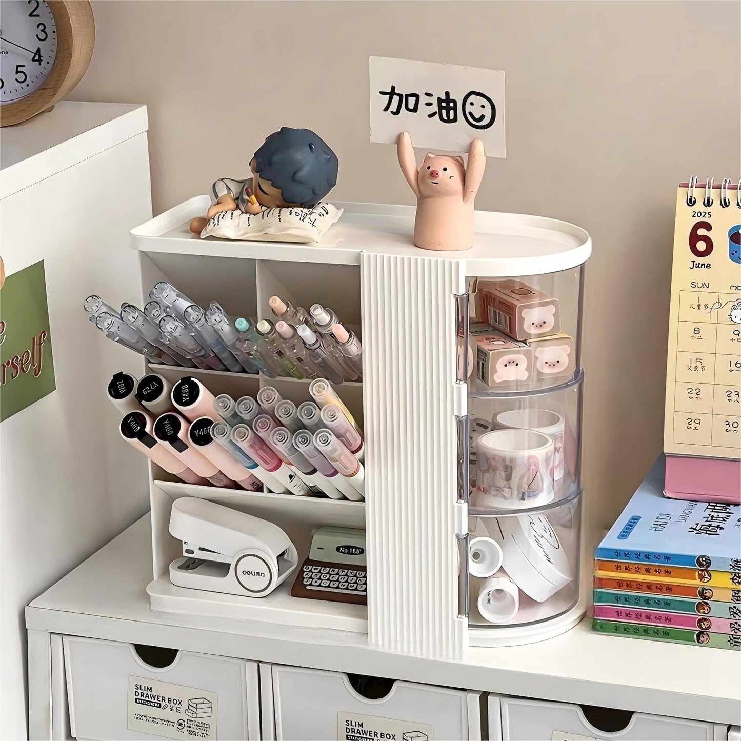 AevumTech Desk Organizer with Pen Pencil Holder for Desk, Pen Organizer with 3 Drawers, Multi-Functional Desk Organization Deals and Accessories Desktop Storage for Office Home Art Supplies (White)