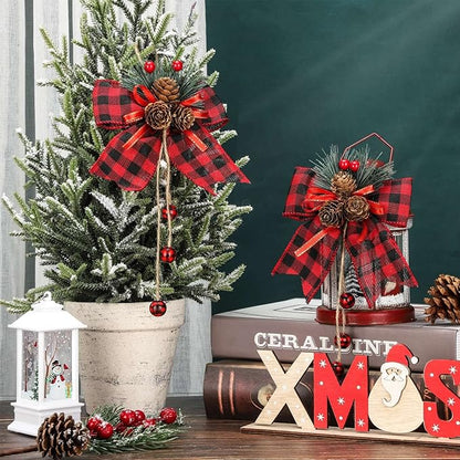Xinnun 8 Pieces Christmas Buffalo Plaid Bows with Pine Cones Pine Needles Xmas Plaid Bow Ornament Christmas Tree Wreath Decoration for Holiday Parties DIY Crafts Home Decor (Red,Black)